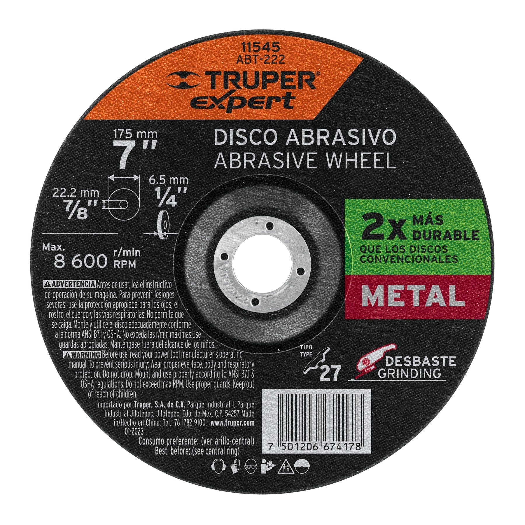 Disco Tipo 27 de 7" x 6.4 mm desbaste de metal, Expert