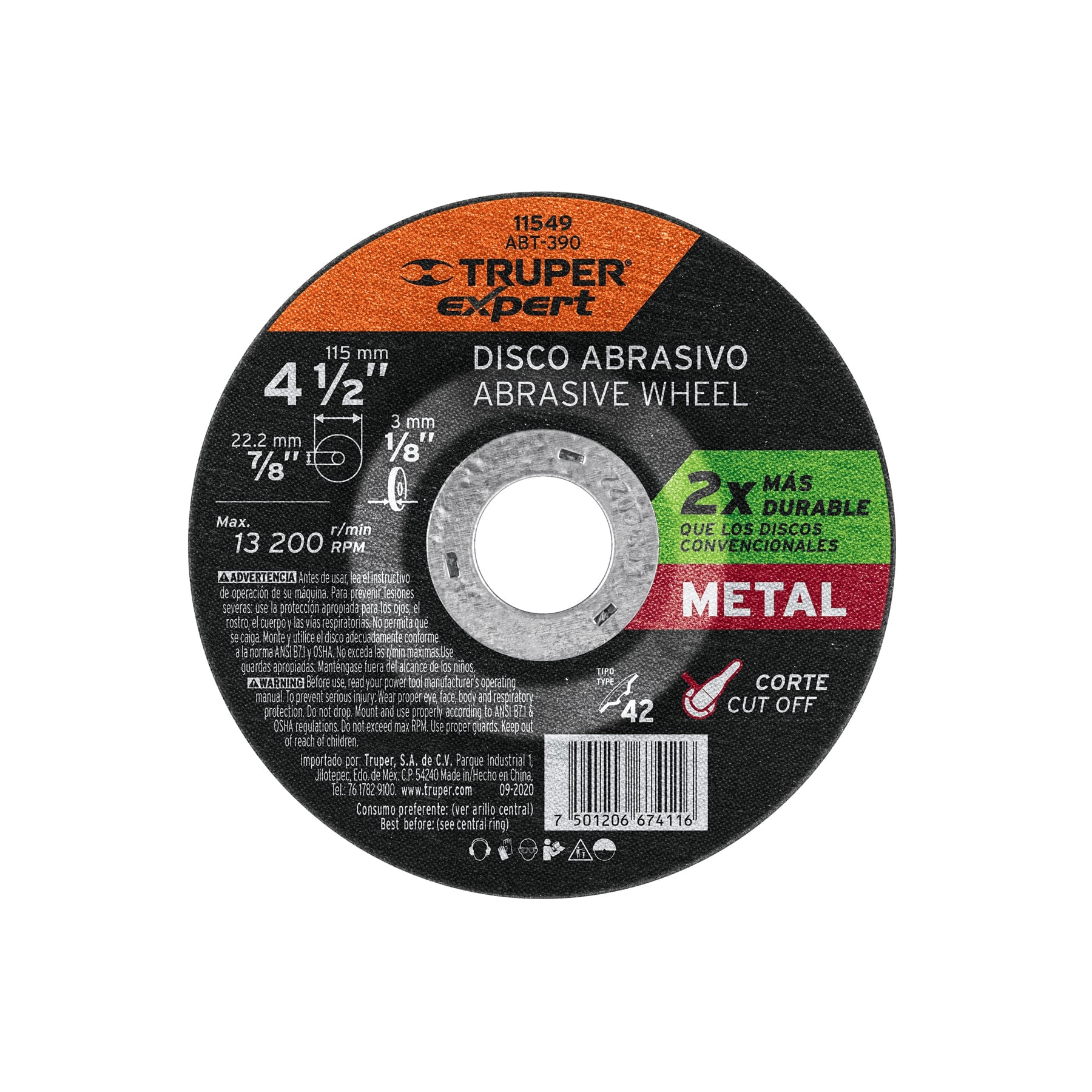 Disco Tipo 42 de 4-1/2" x 3.2 mm corte metal, Truper Expert