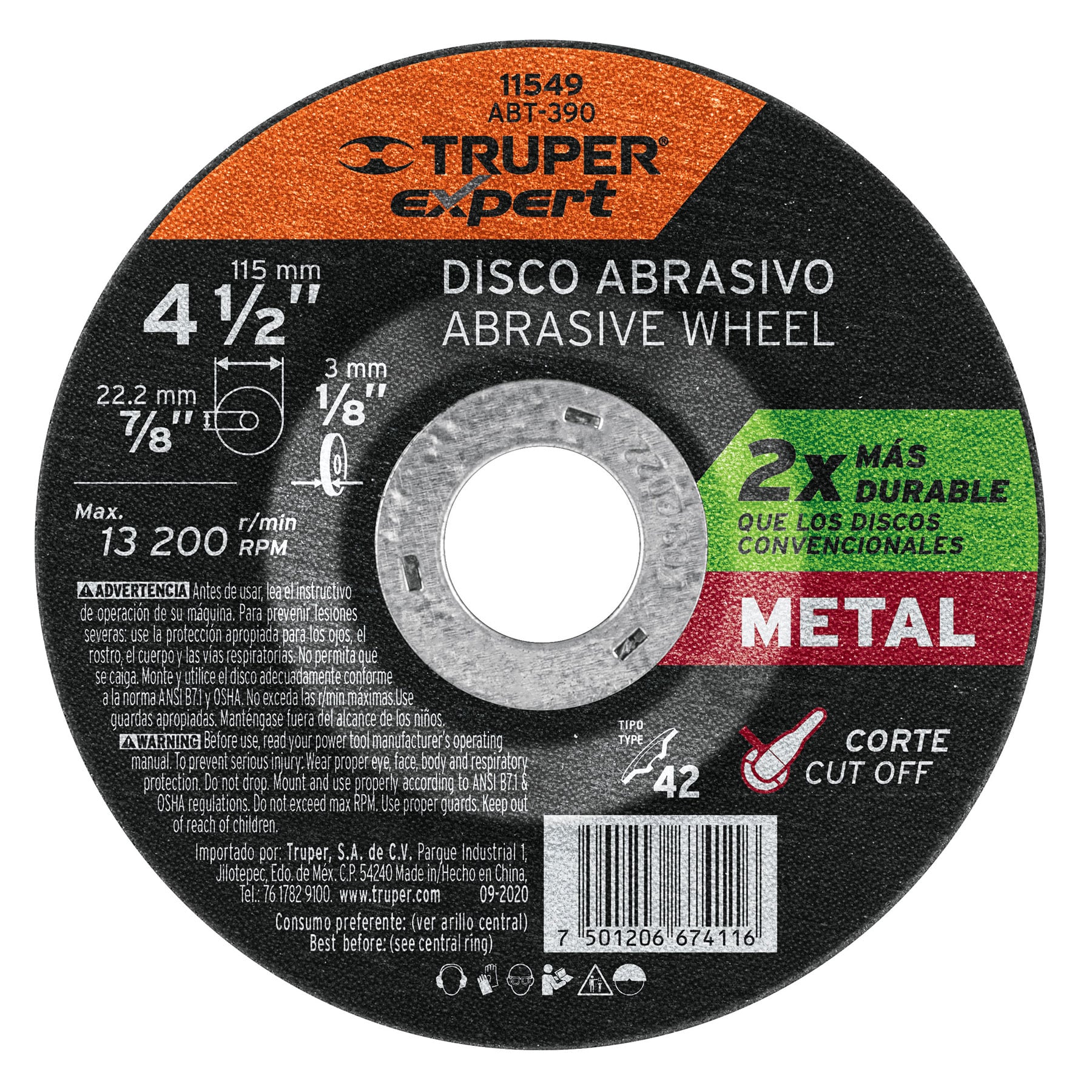 Disco Tipo 42 de 4-1/2" x 3.2 mm corte metal, Truper Expert