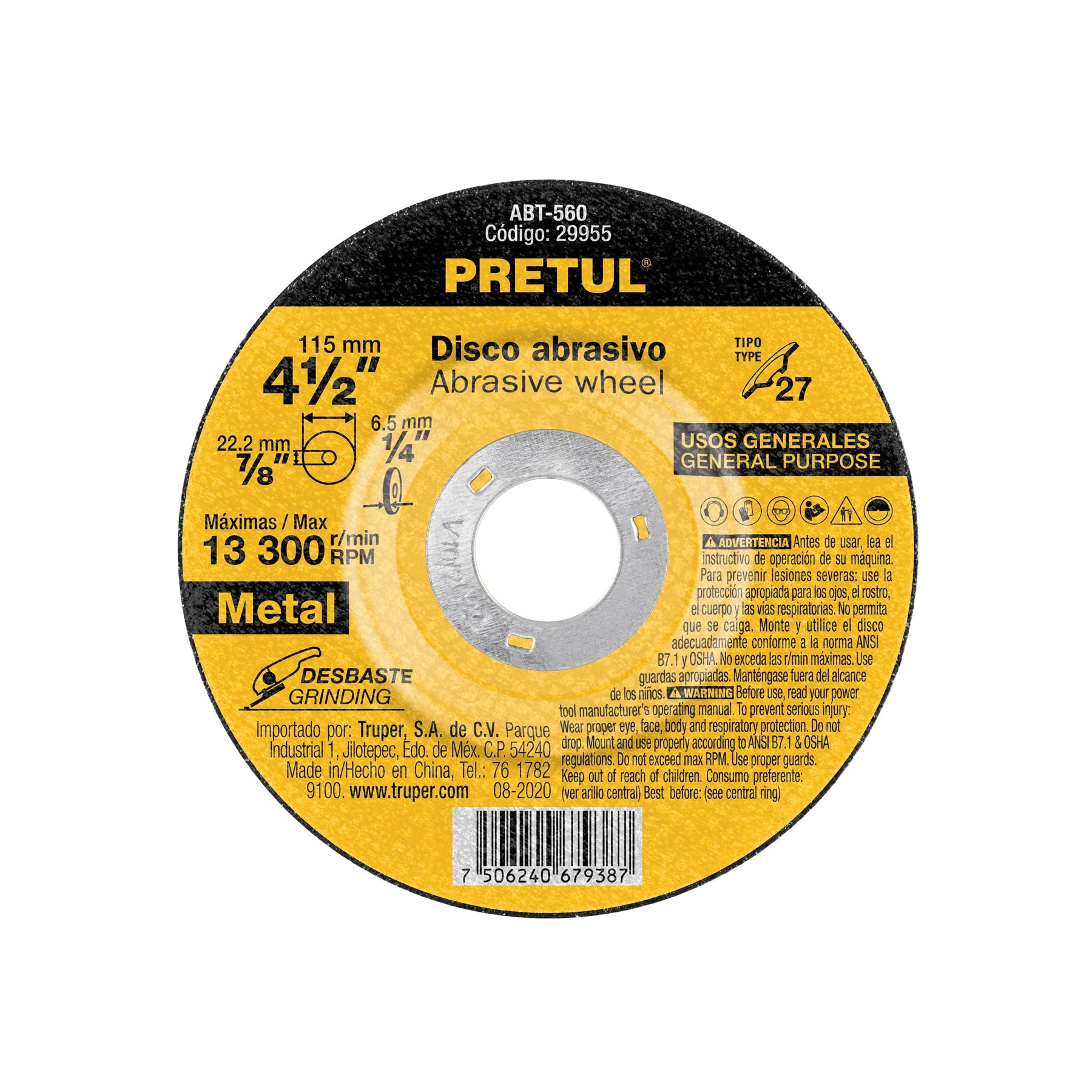 Disco Tipo 27 de 4-1/2" x 6.2 mm desbaste de metal, Pretul, ABT-560, 29955
