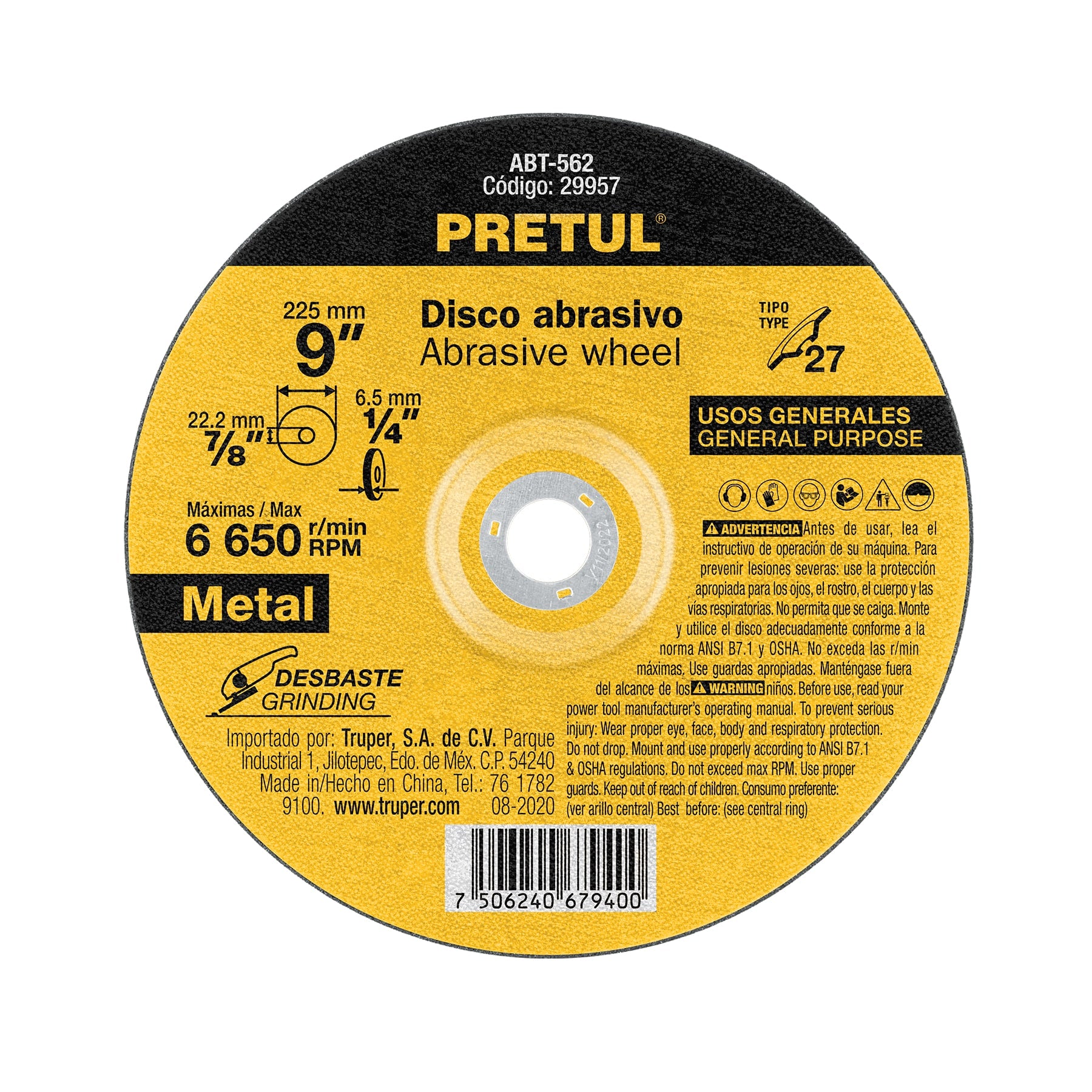 Disco Tipo 27 de 9" x 6.2 mm desbaste de metal, Pretul, ABT-562, 29957