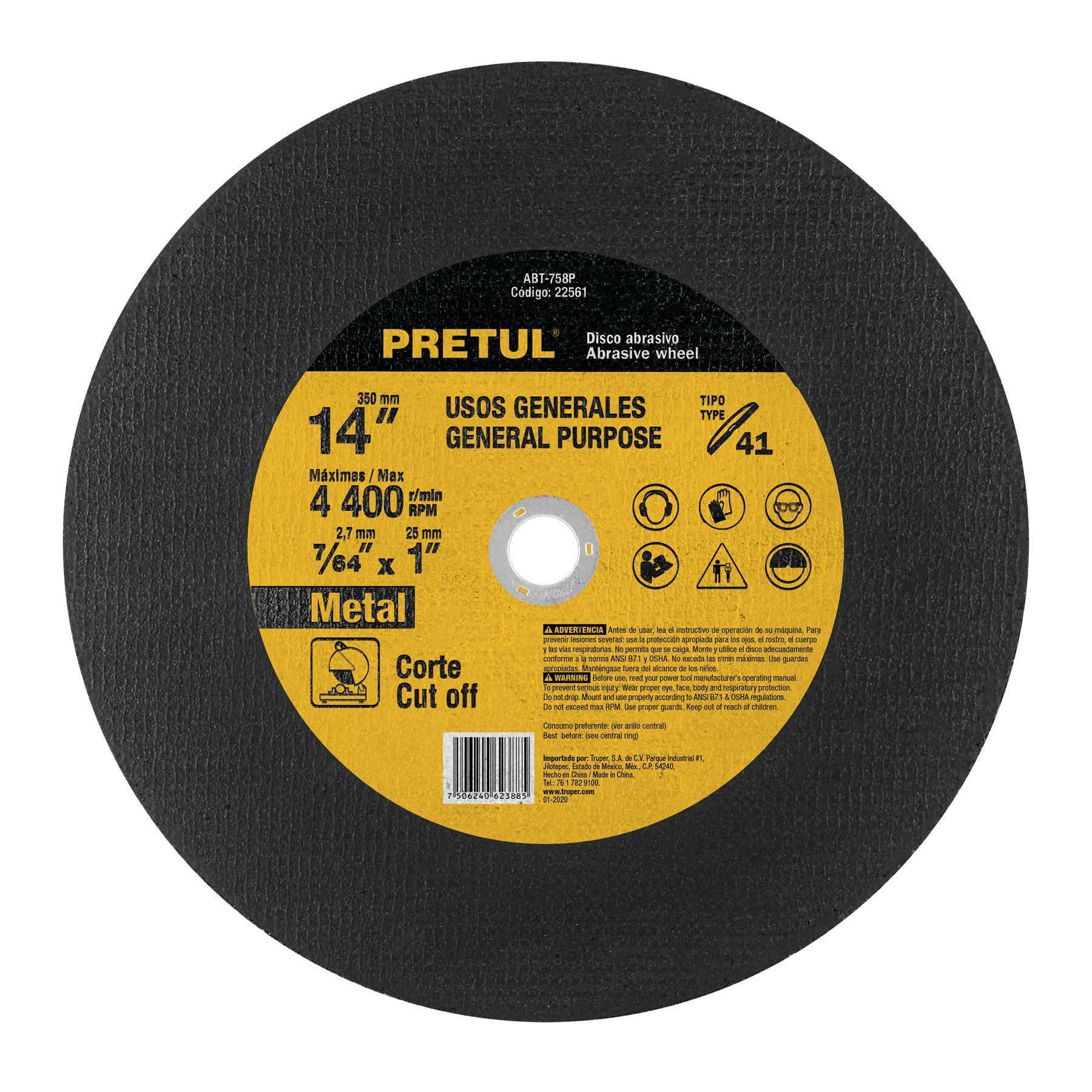 Disco Tipo 41 de 14" x 3.1 mm para corte de metal, Pretul
