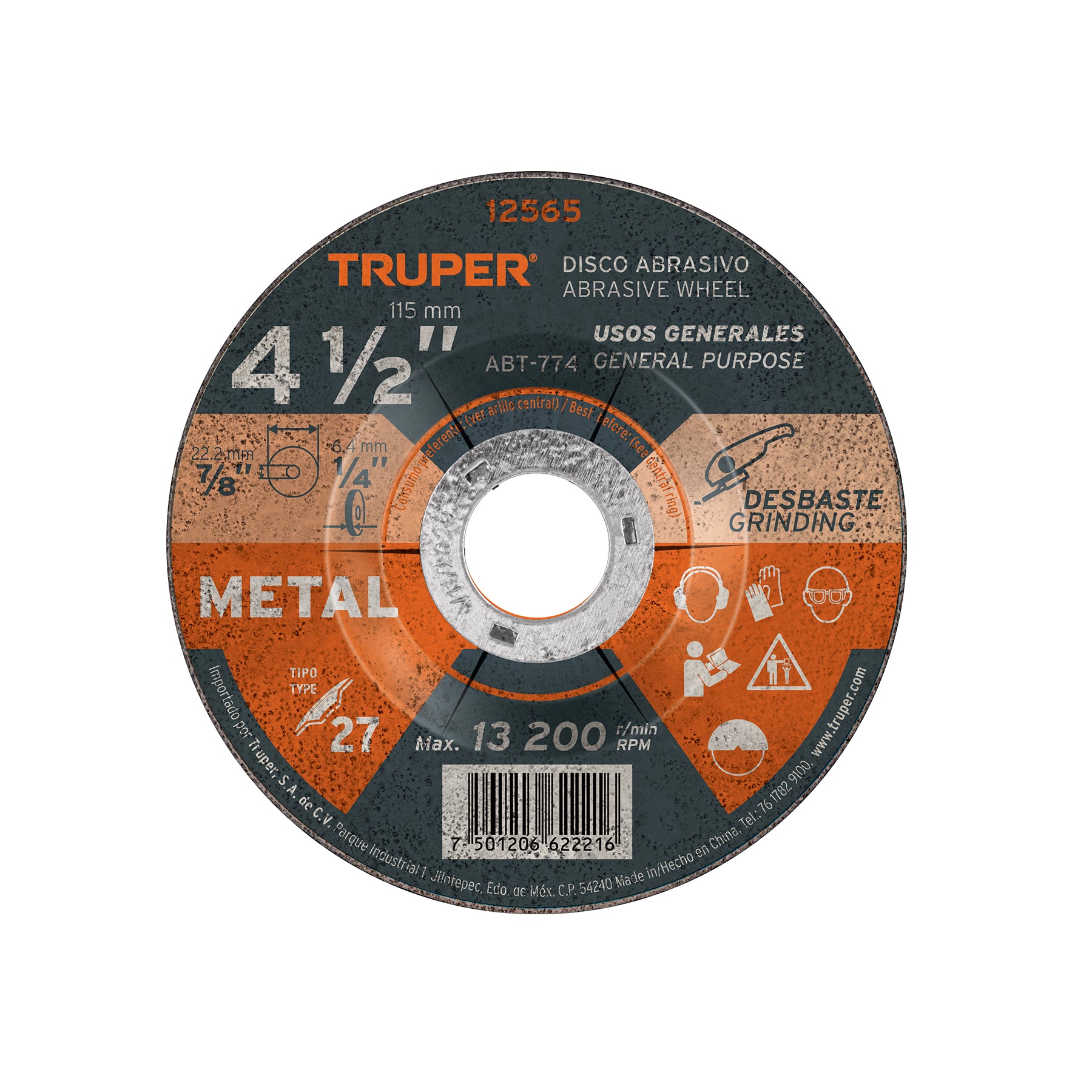 Disco Tipo 27 de 4-1/2" x 6.4 mm para desbaste de metal