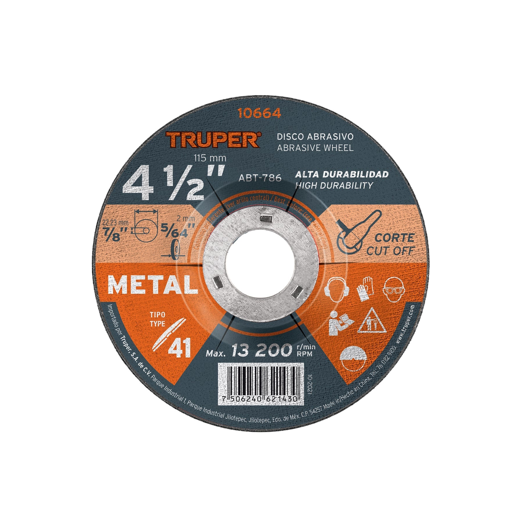 Disco de 4-1/2" para corte de metal, tipo 41, Truper
