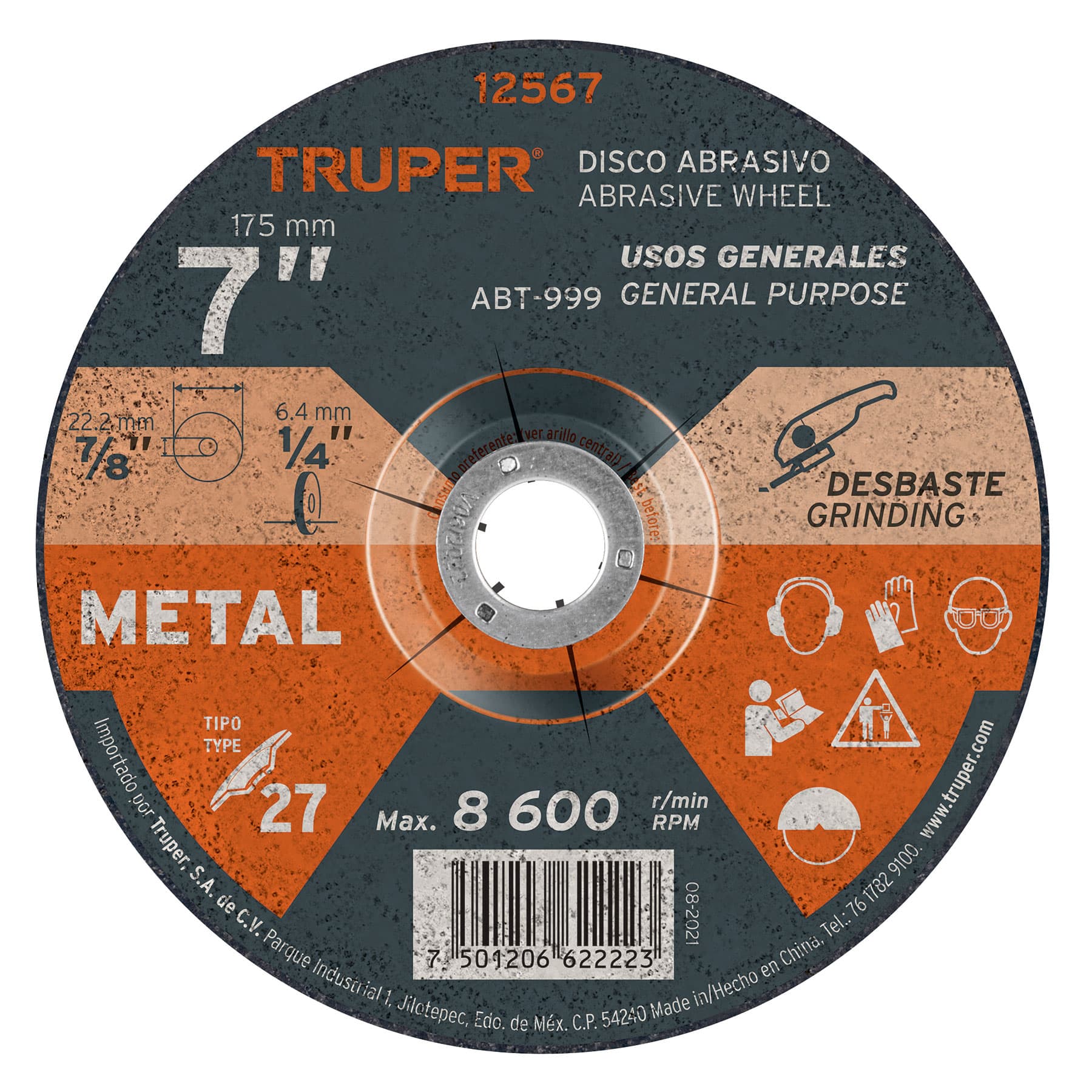Disco Tipo 27 de 7" x 6.4 mm para desbaste de metal, Truper