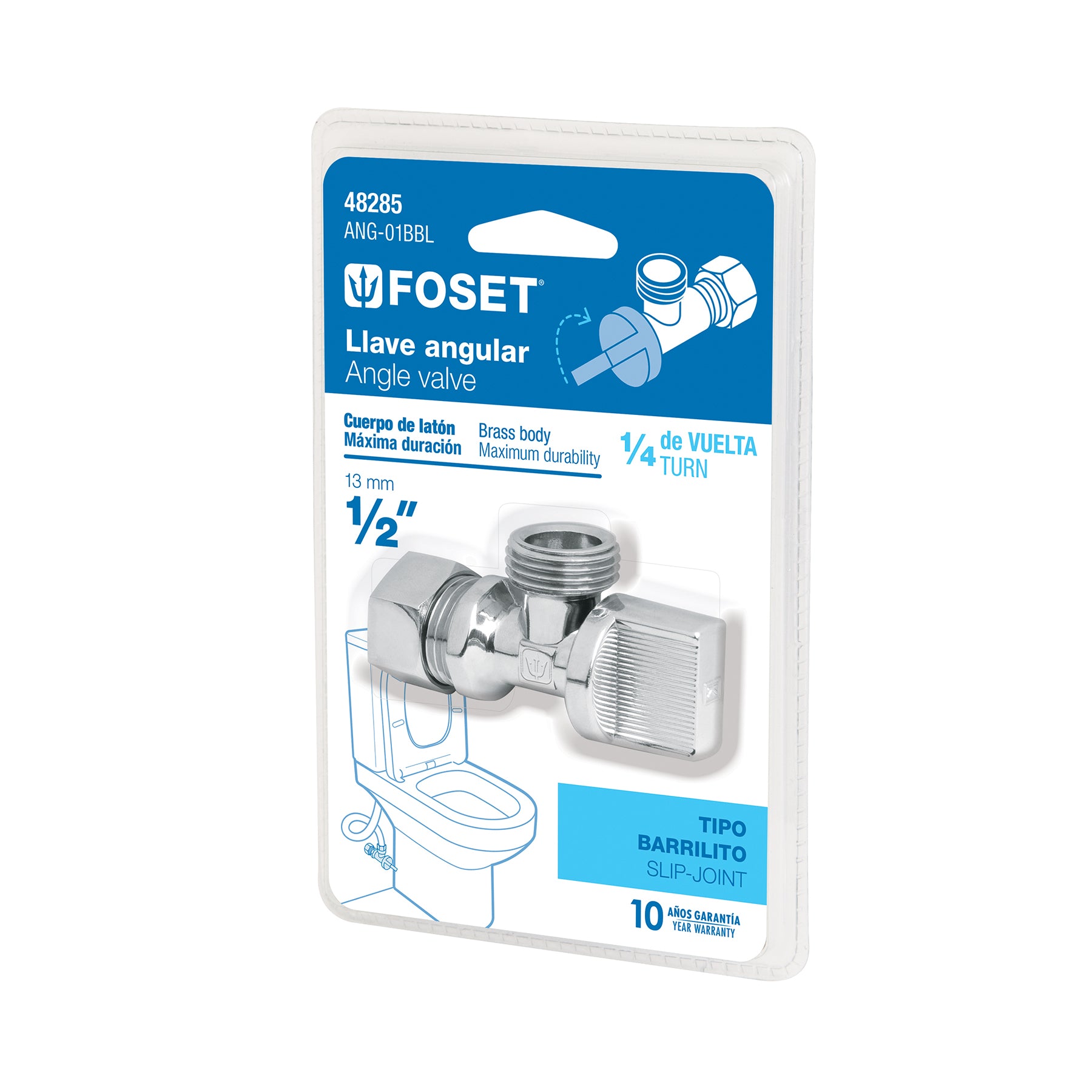 Llave angular de 1/2", 1/4 de vuelta, barrilito, blíster