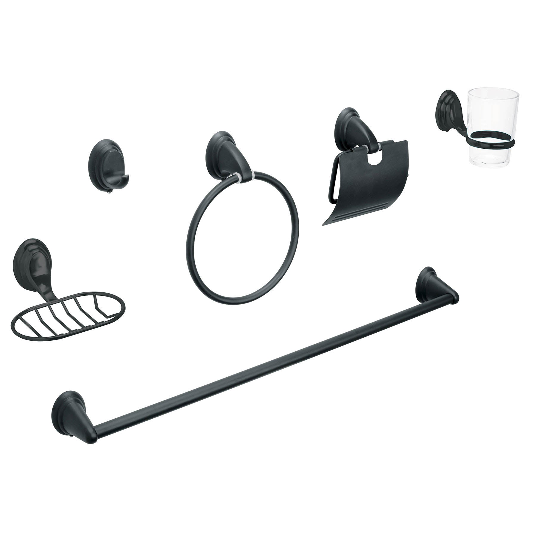 Juego de 6 acc. para baño negro mate chapetón ovalado, Aqua