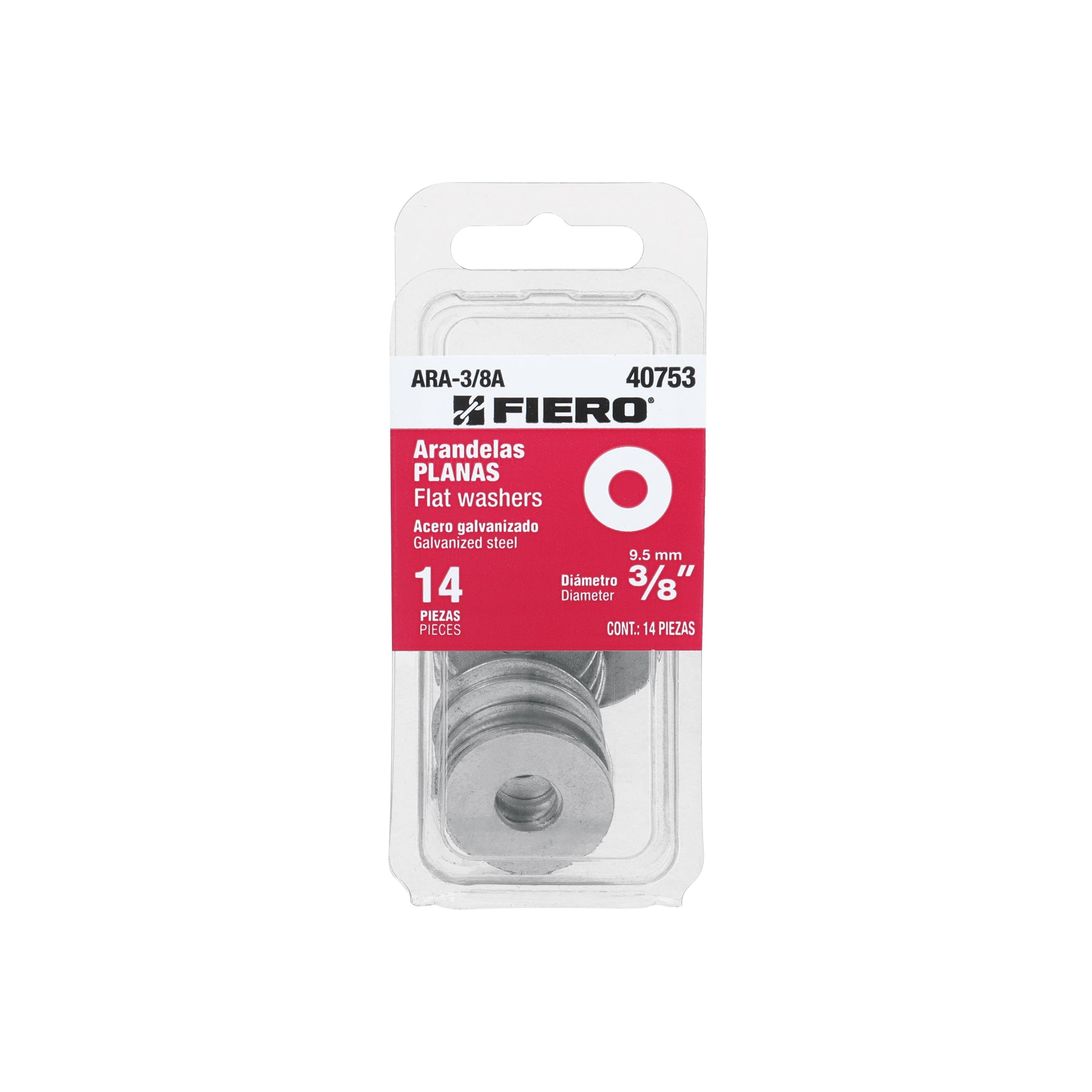 Blíster con 14 arandelas planas de 3/8", Fiero