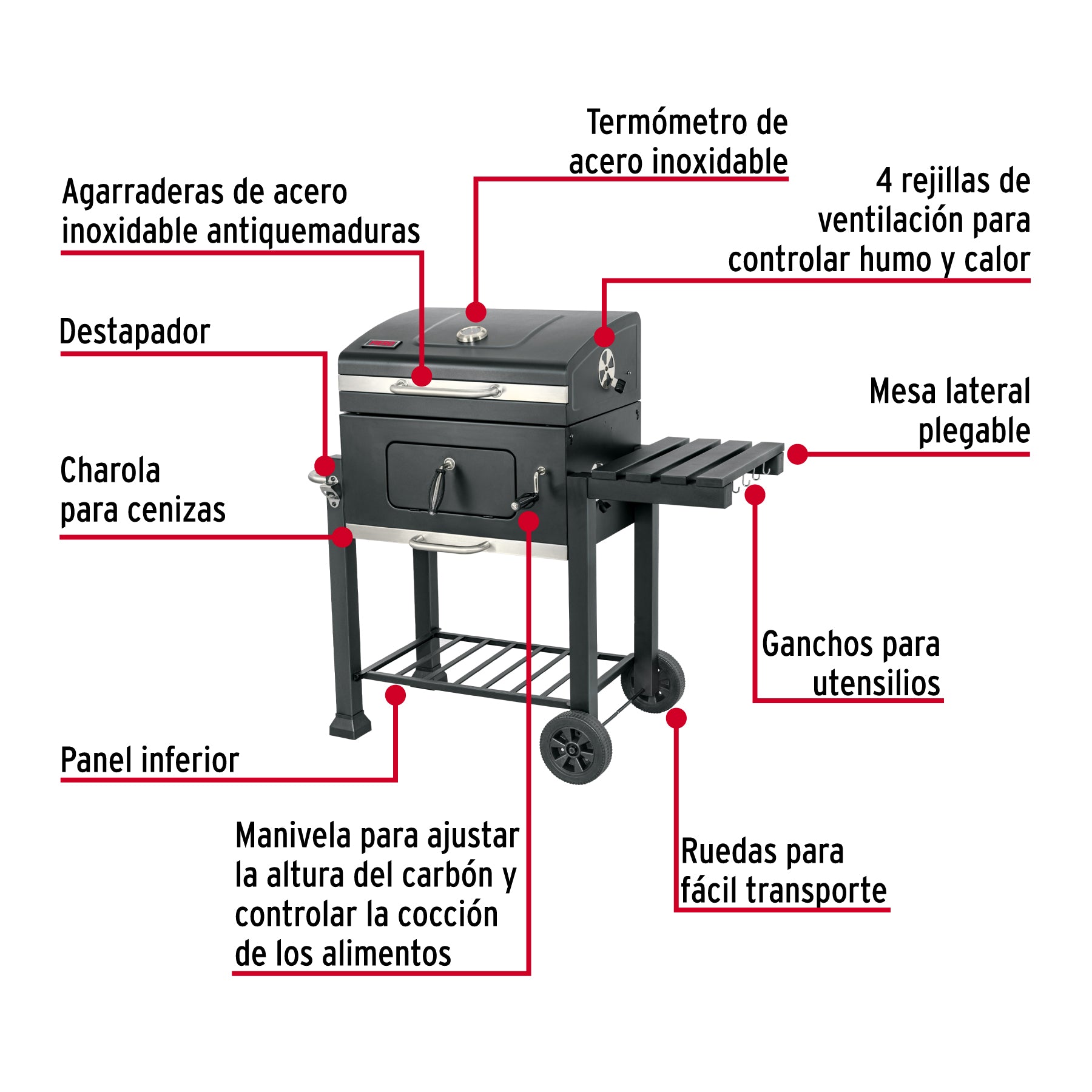 Asador de carbón de 24" con tapa, negro, Fiero