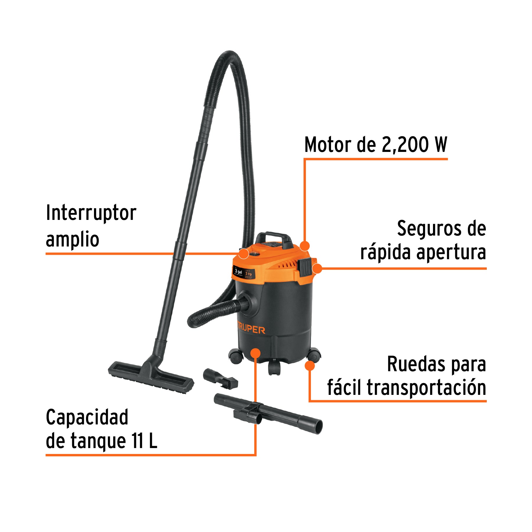 Aspiradora de sólidos y líquidos, 3 gal, plástica, negra