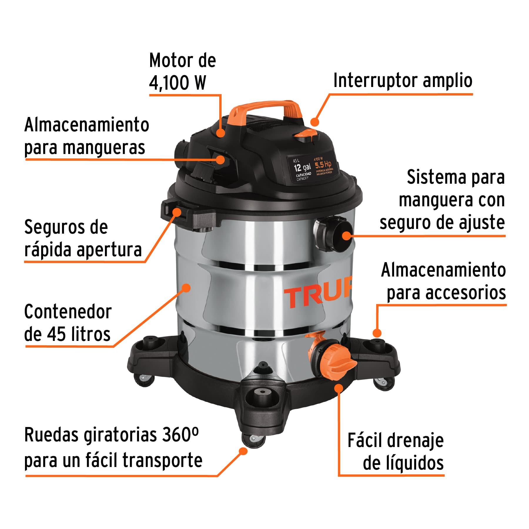 Aspiradora de sólidos y líquidos, 12 gal, acero inoxidable Truper
