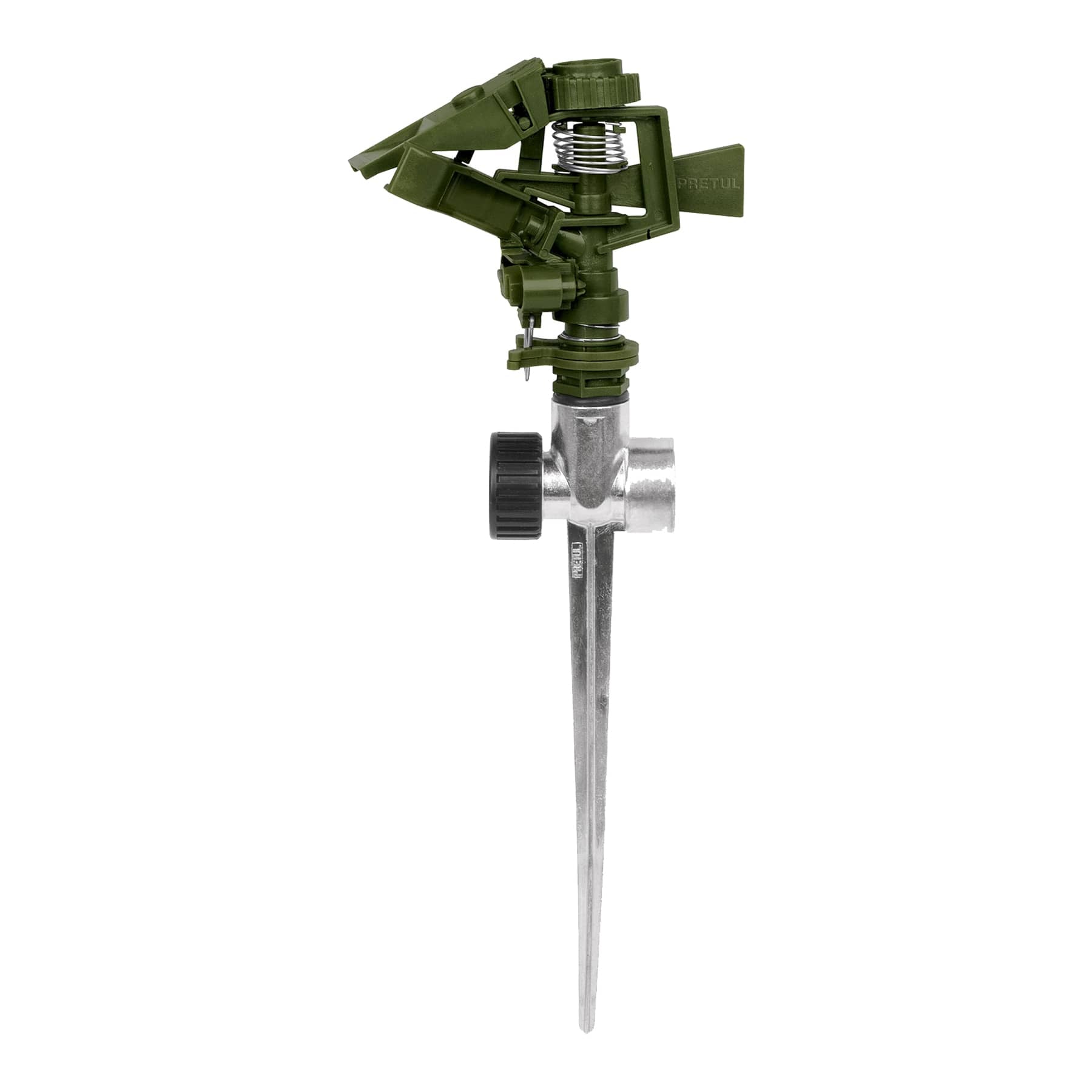 Aspersor plástico 11" dos vías estaca metálica verde, Pretul