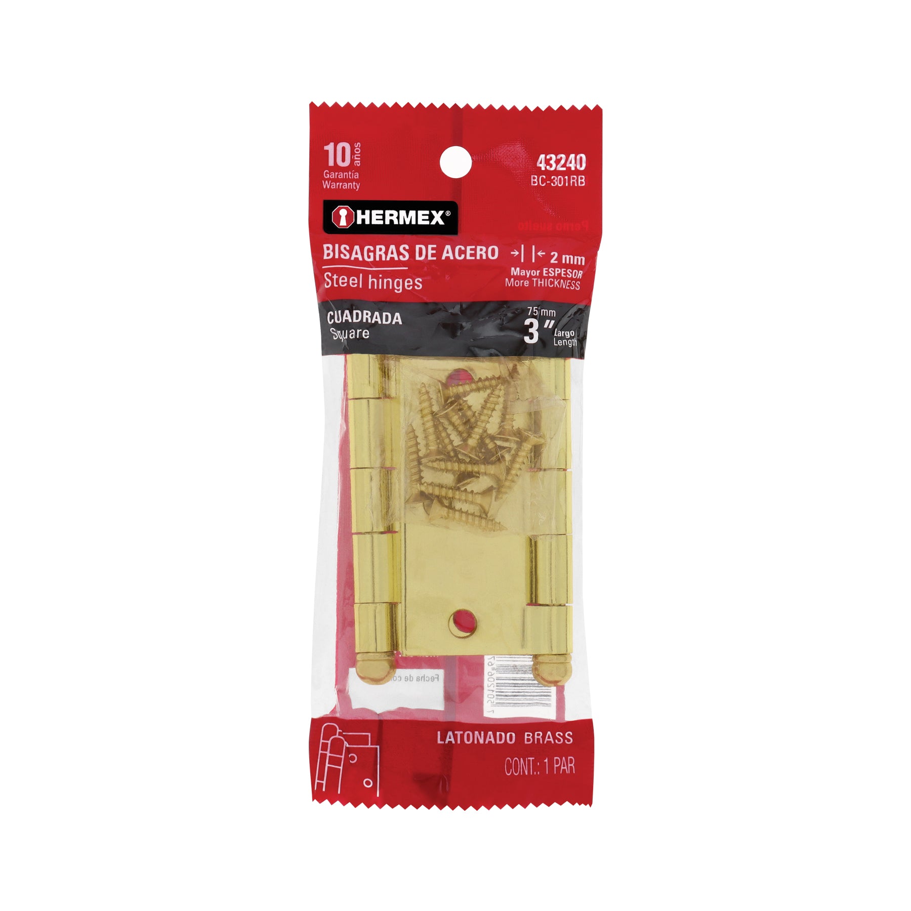 Bolsa con 2 bisagras cuadradas 3", latonado, cabeza redonda