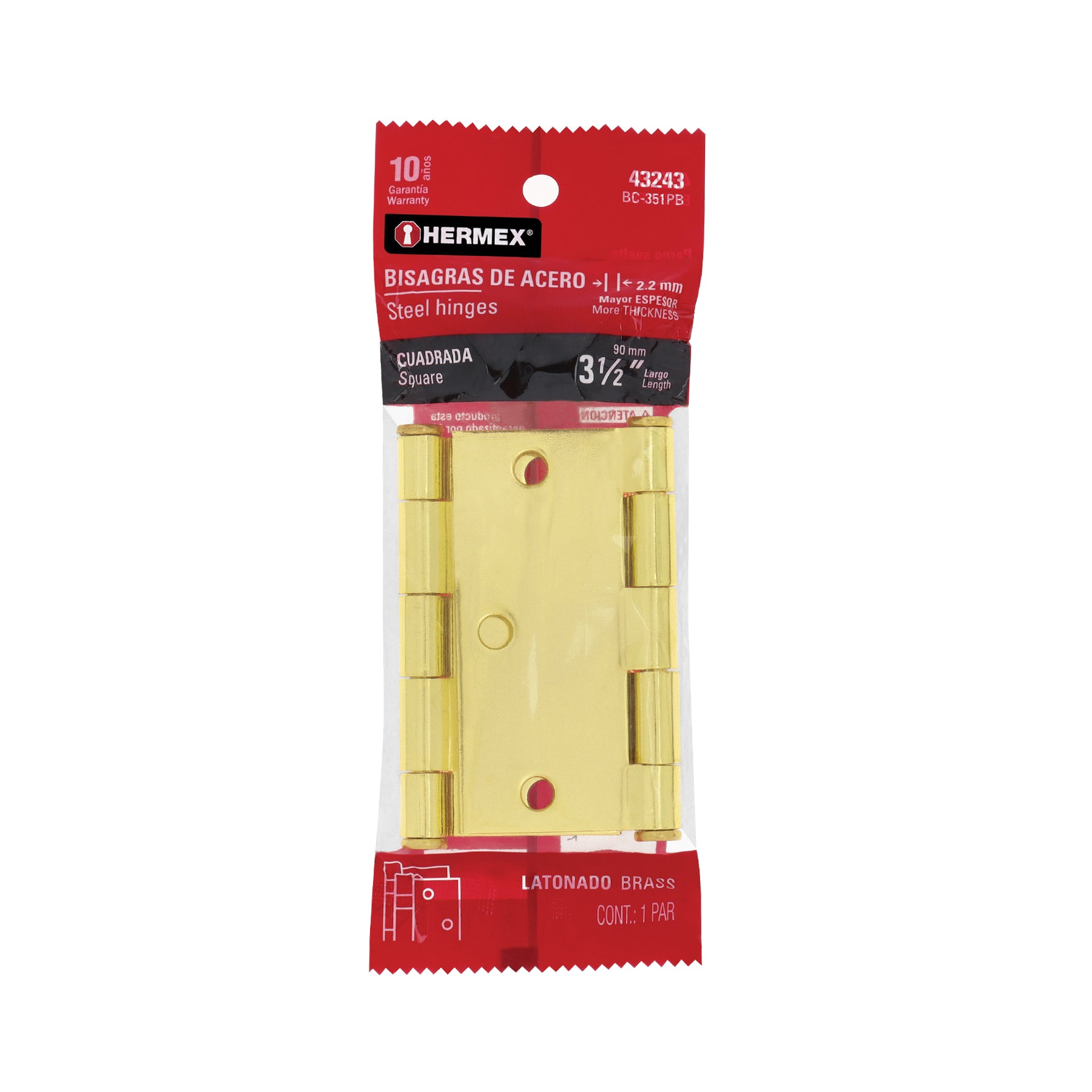 Bolsa 2 bisagras cuadradas 3-1/2" latonado, cabeza plana, Hermex, BC-351PB, 43243