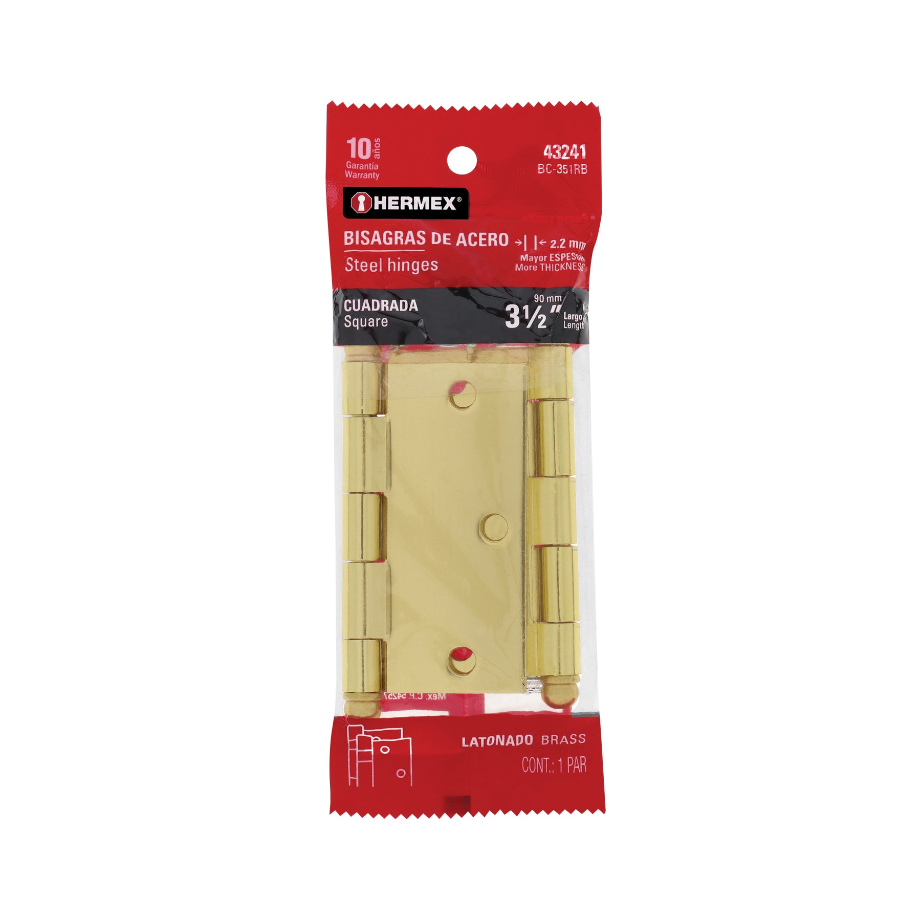 Bolsa 2 bisagras cuadradas 3-1/2" latonado, cabeza redonda, Hermex, BC-351RB, 43241