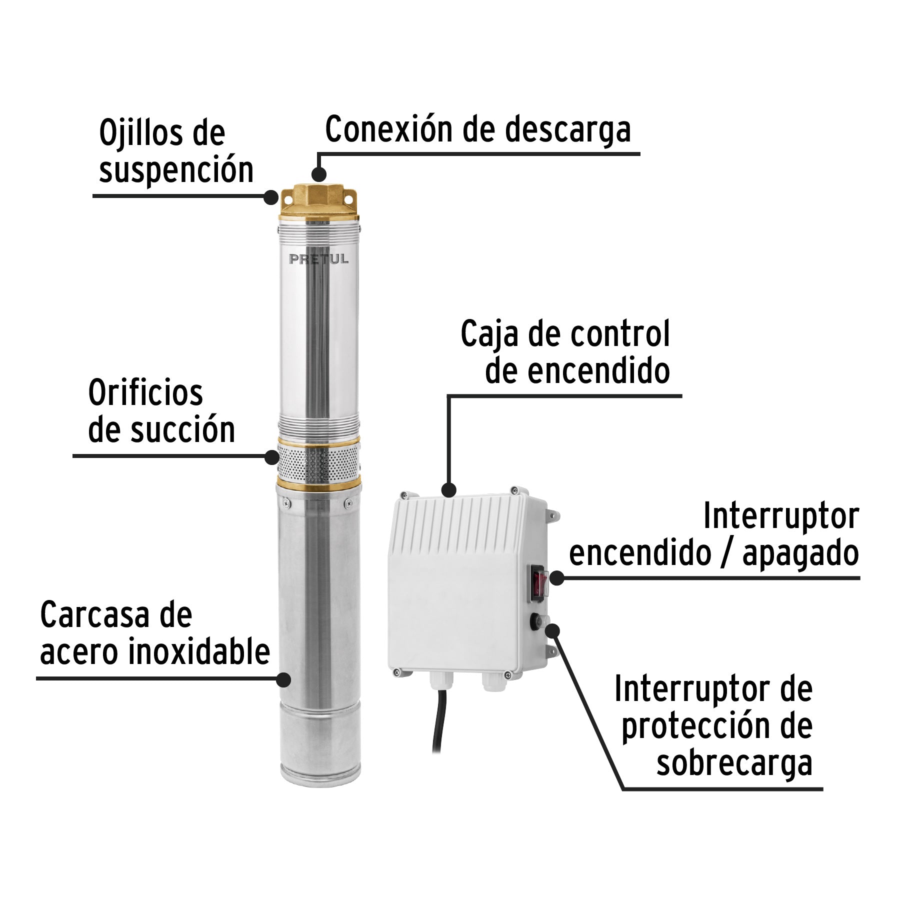 Bomba sumergible tipo bala, 1HP, uso agrícola, Pretul