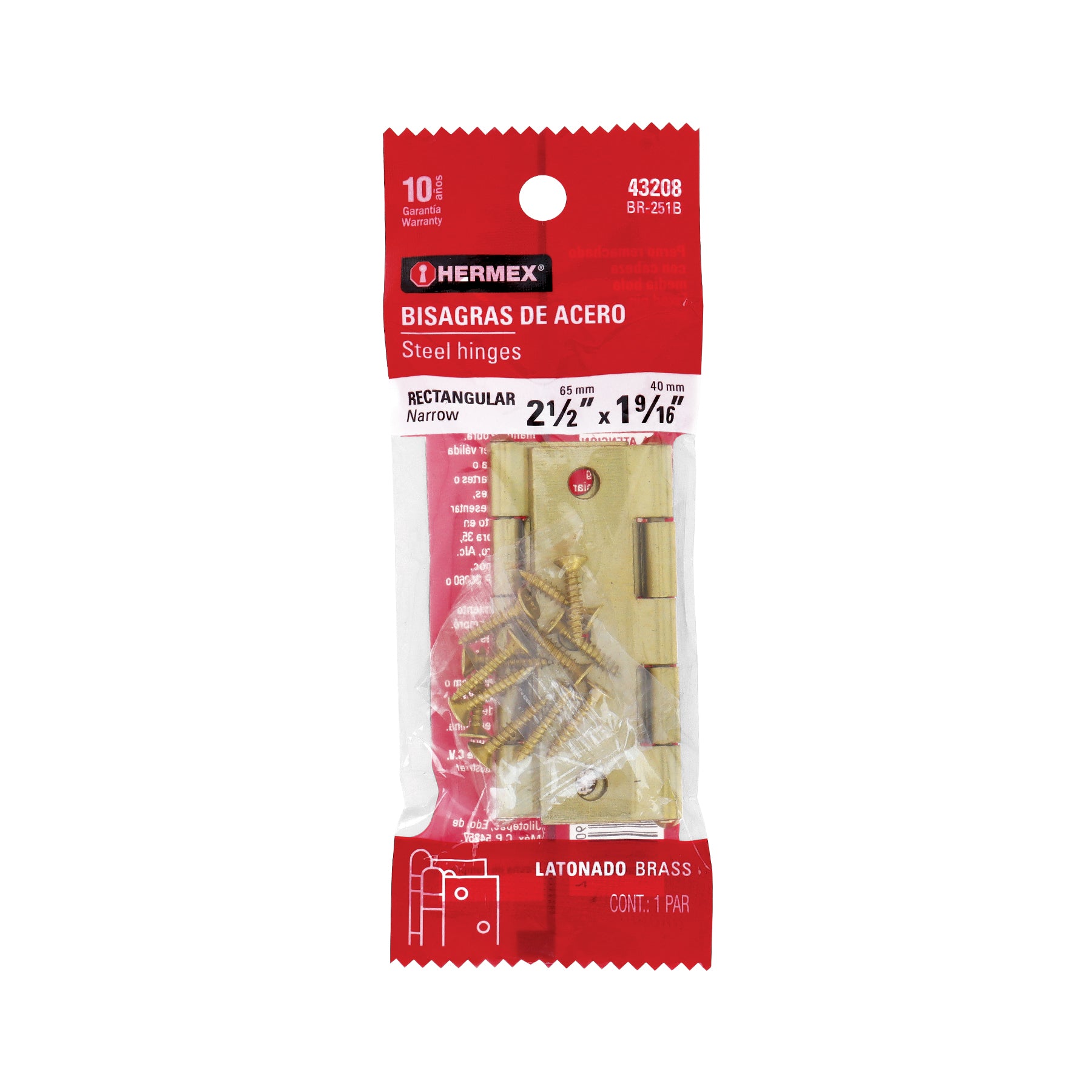 Bolsa con 2 bisagras rectangulares 2-1/2", acero latonado, Hermex, BR-251B, 43208