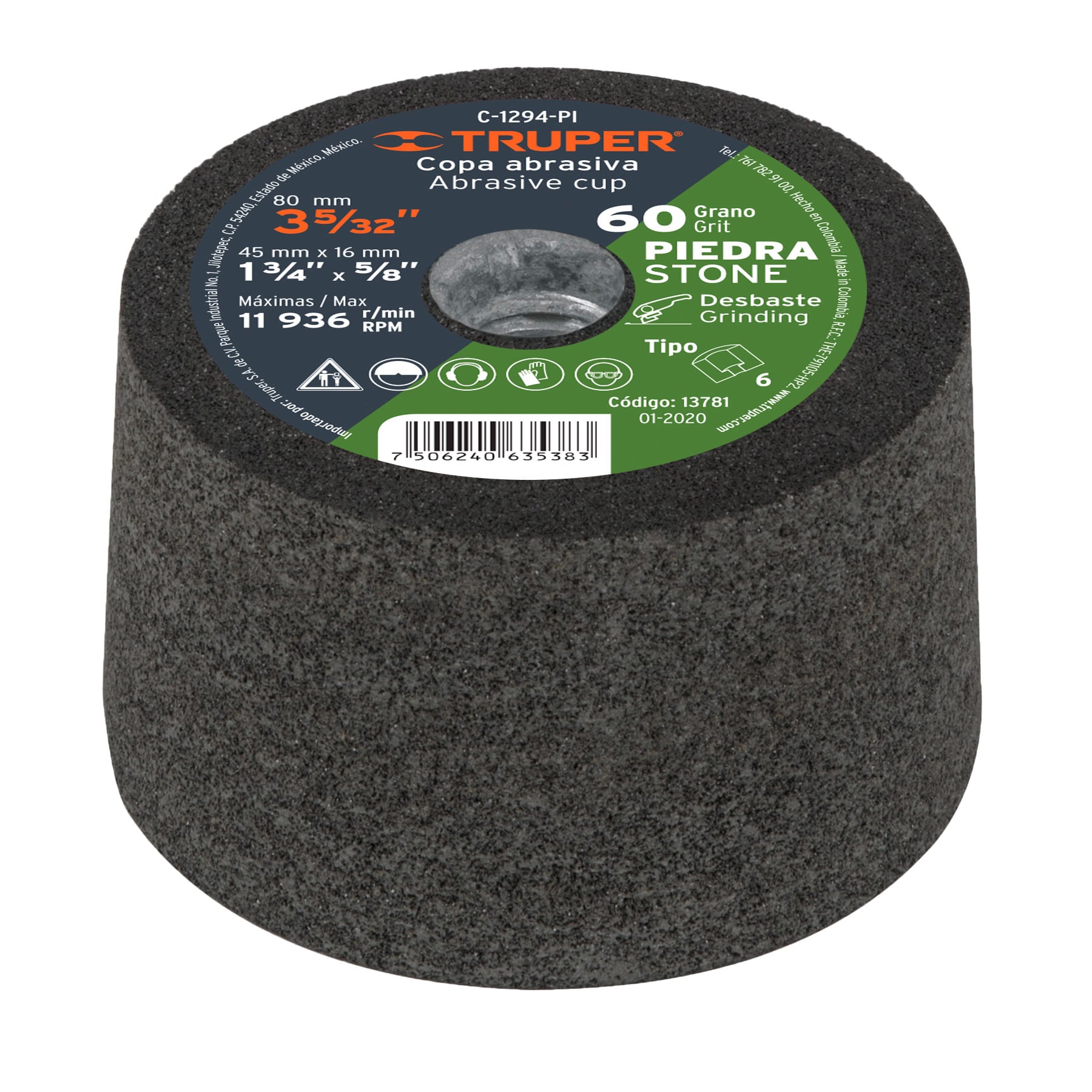 Copa desbaste de piedra 3-5/32" grano 60, eje 5/8-11, Truper