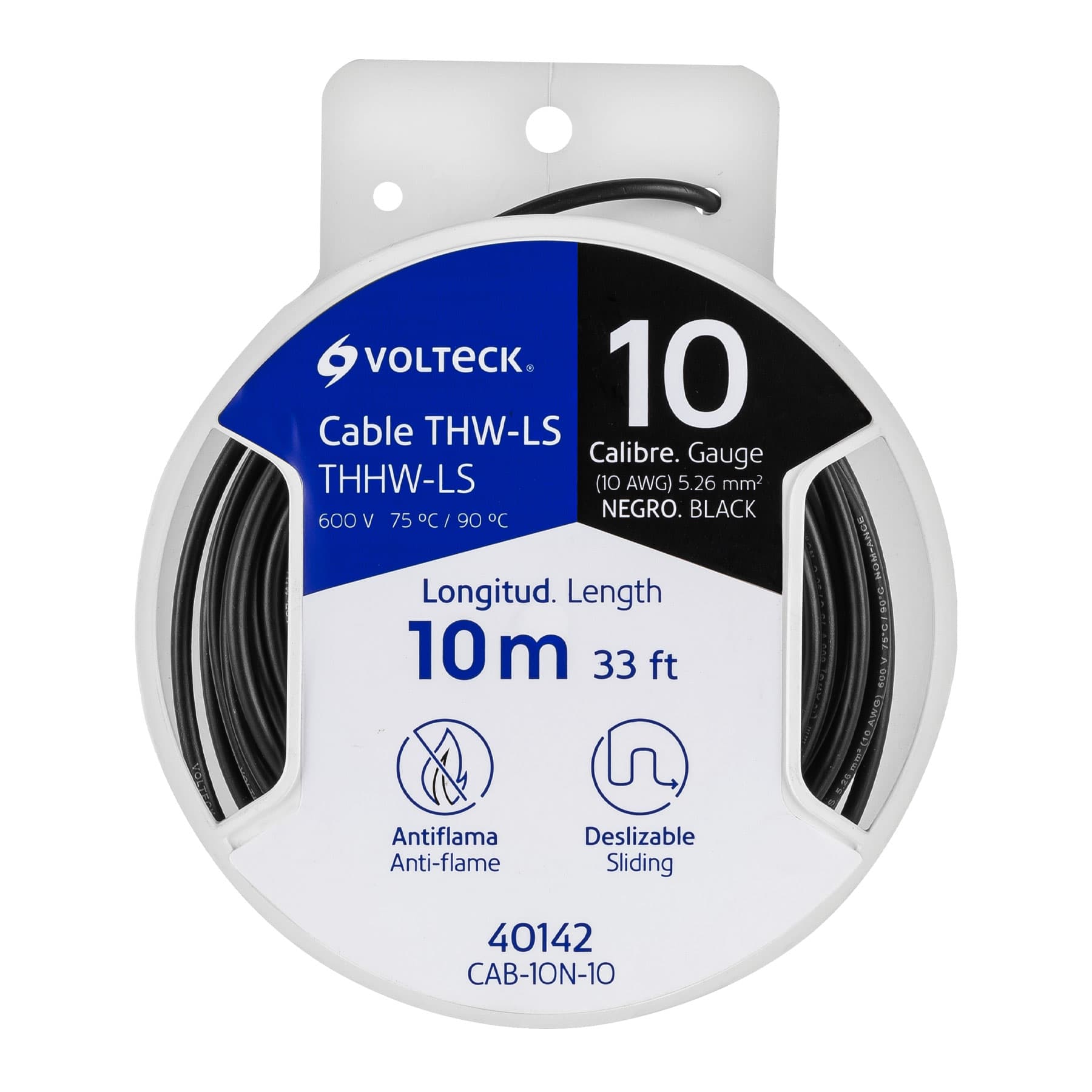 Carrete con 10 m de cable THHW-LS 10 AWG negro, Volteck, CAB-10N-10, 40142