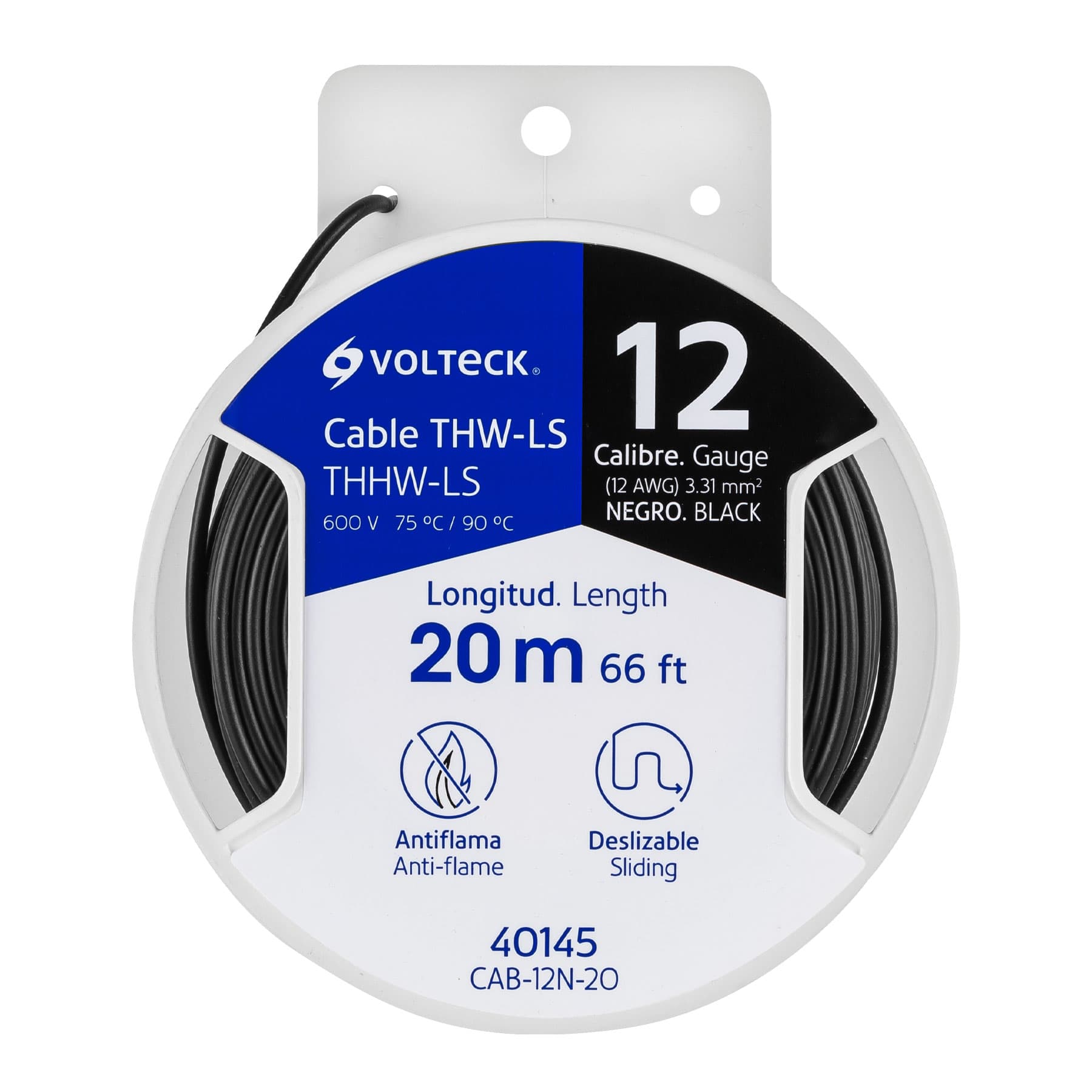 Carrete con 20 m de cable THHW-LS 12 AWG negro, Volteck, CAB-12N-20, 40145