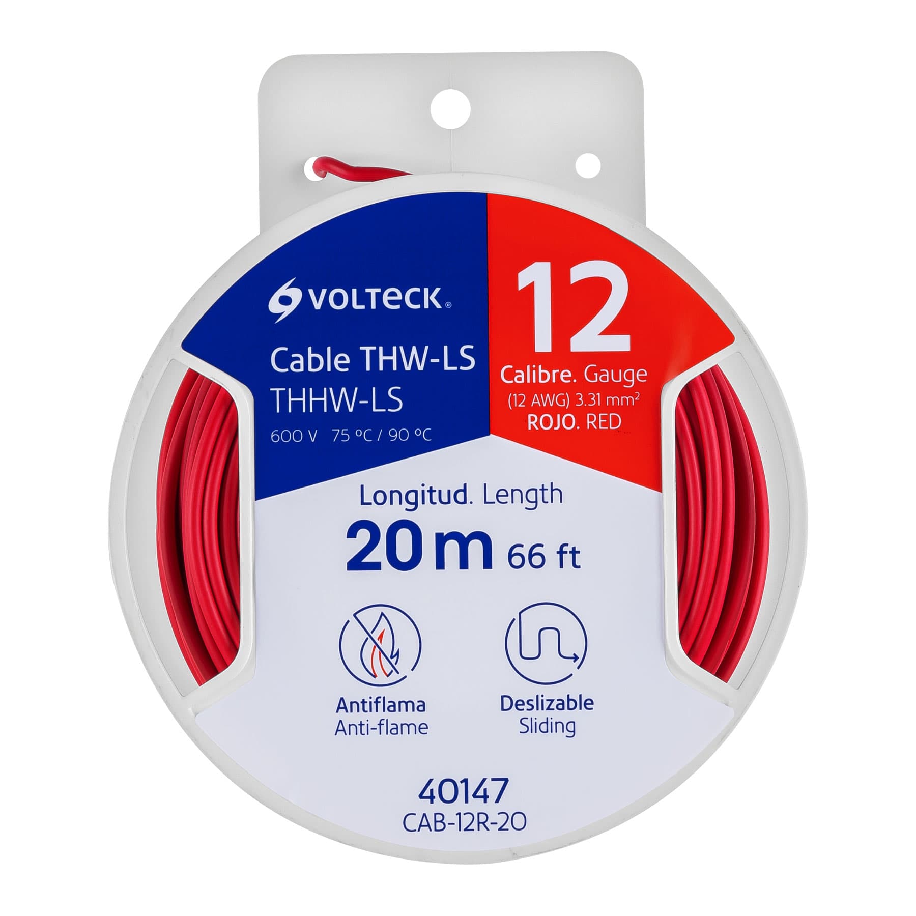 Carrete con 20 m de cable THHW-LS 12 AWG rojo, Volteck, CAB-12R-20, 40147