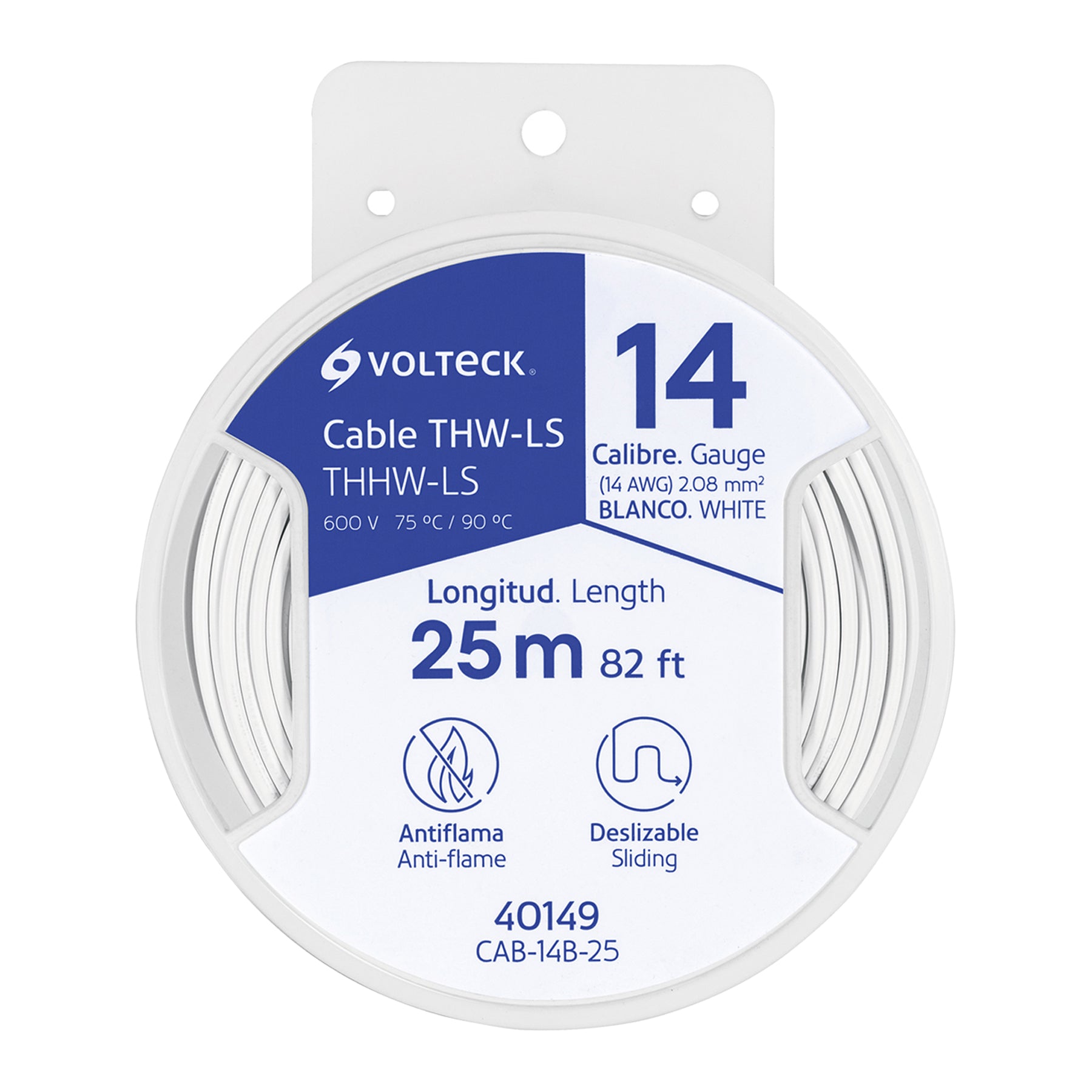 Carrete con 25 m de cable THHW-LS 14 AWG blanco, Volteck, CAB-14B-25, 40149