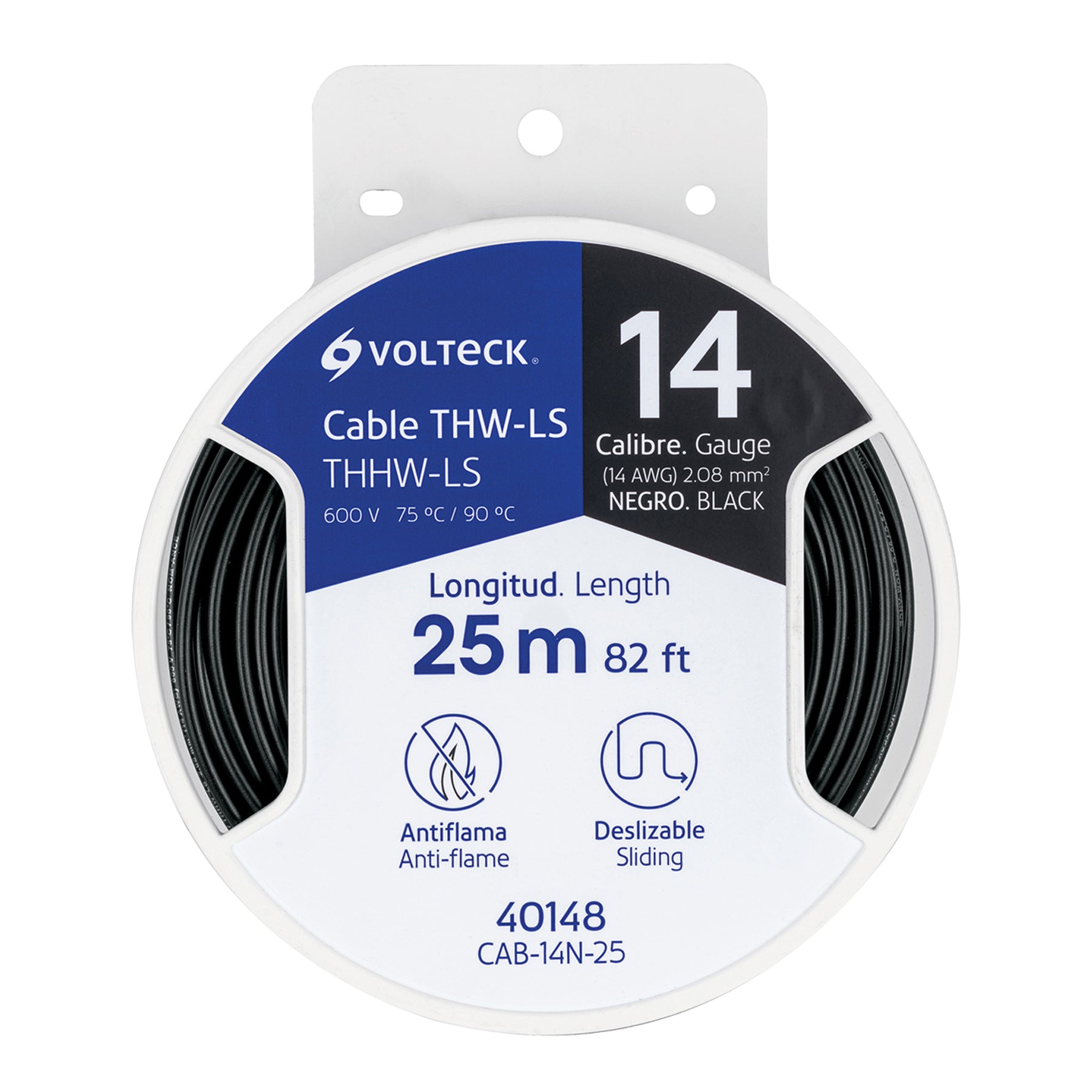 Carrete con 25 m de cable THHW-LS 14 AWG negro, Volteck, CAB-14N-25, 40148