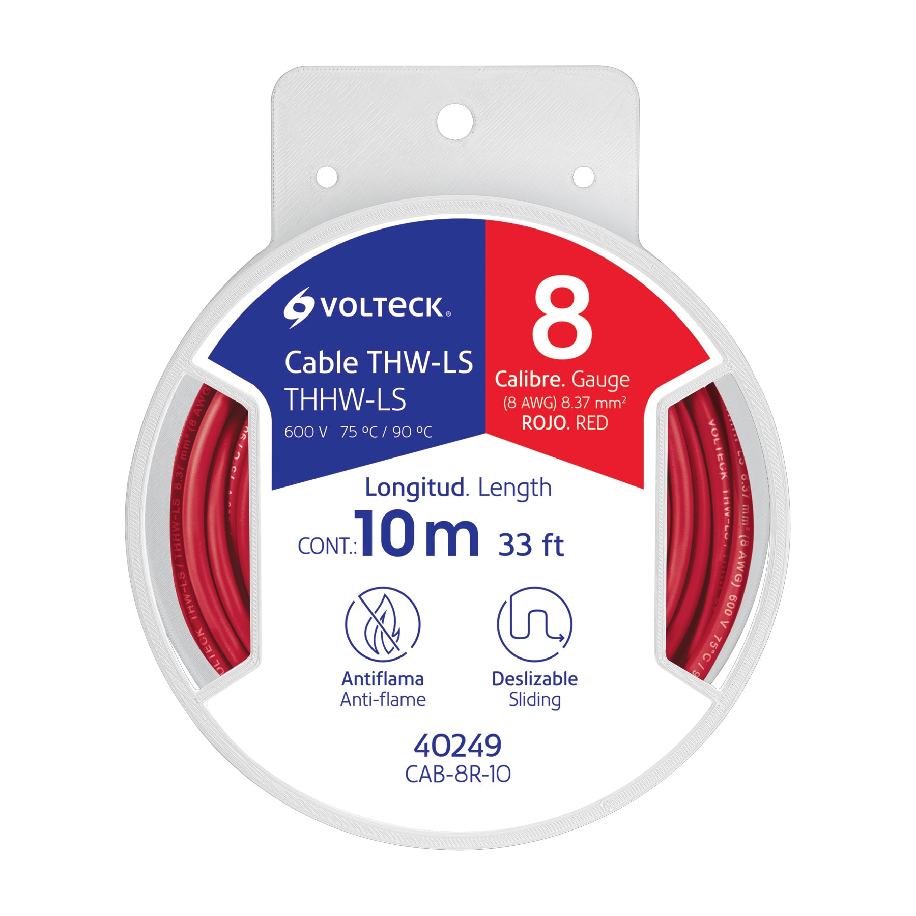 Carrete con 10 m de cable THHW-LS 8 AWG rojo, Volteck, CAB-8R-10, 40249