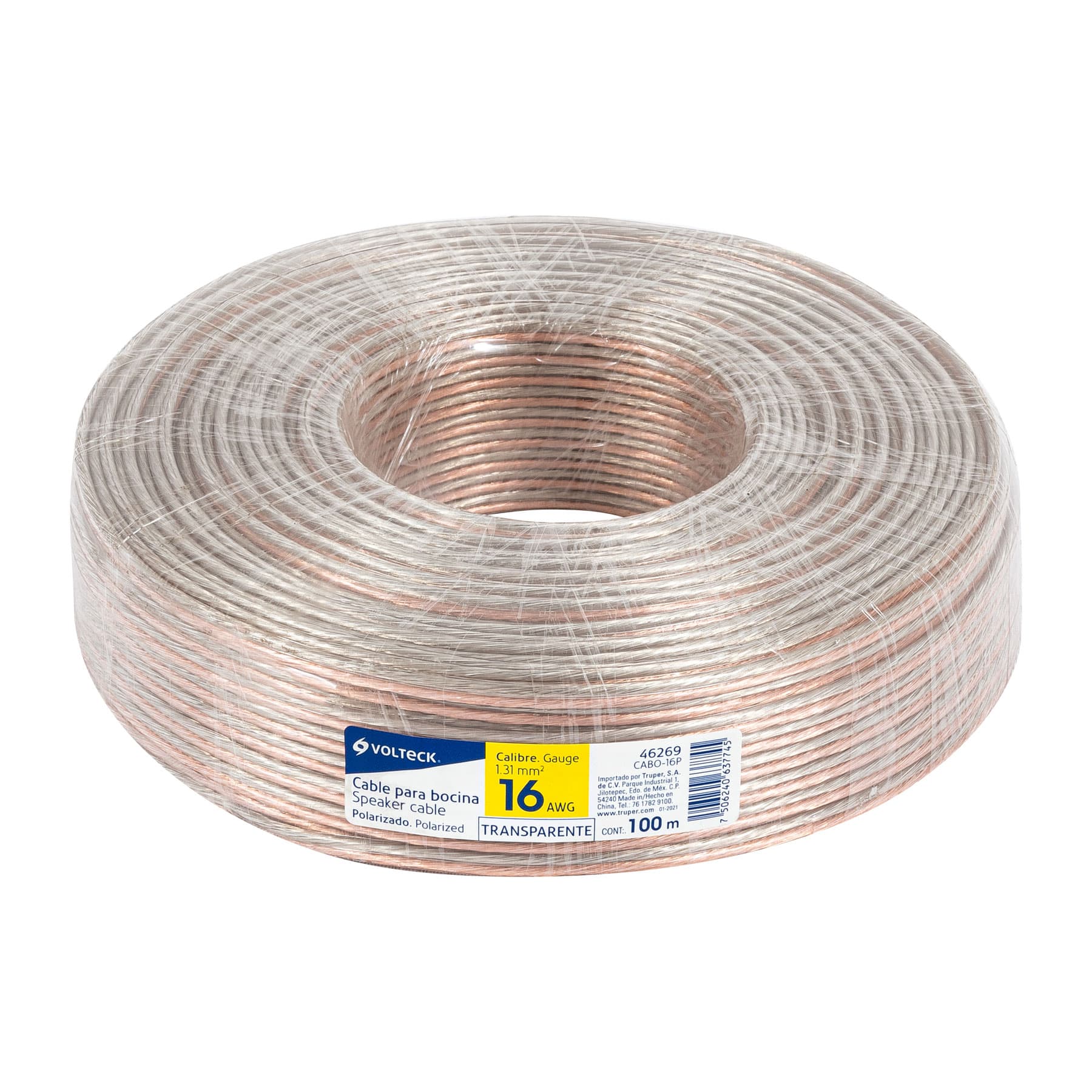 Rollo de 100 m cable polarizado transparente para bocina 16 AWG, Volteck, CABO-16P, 46269