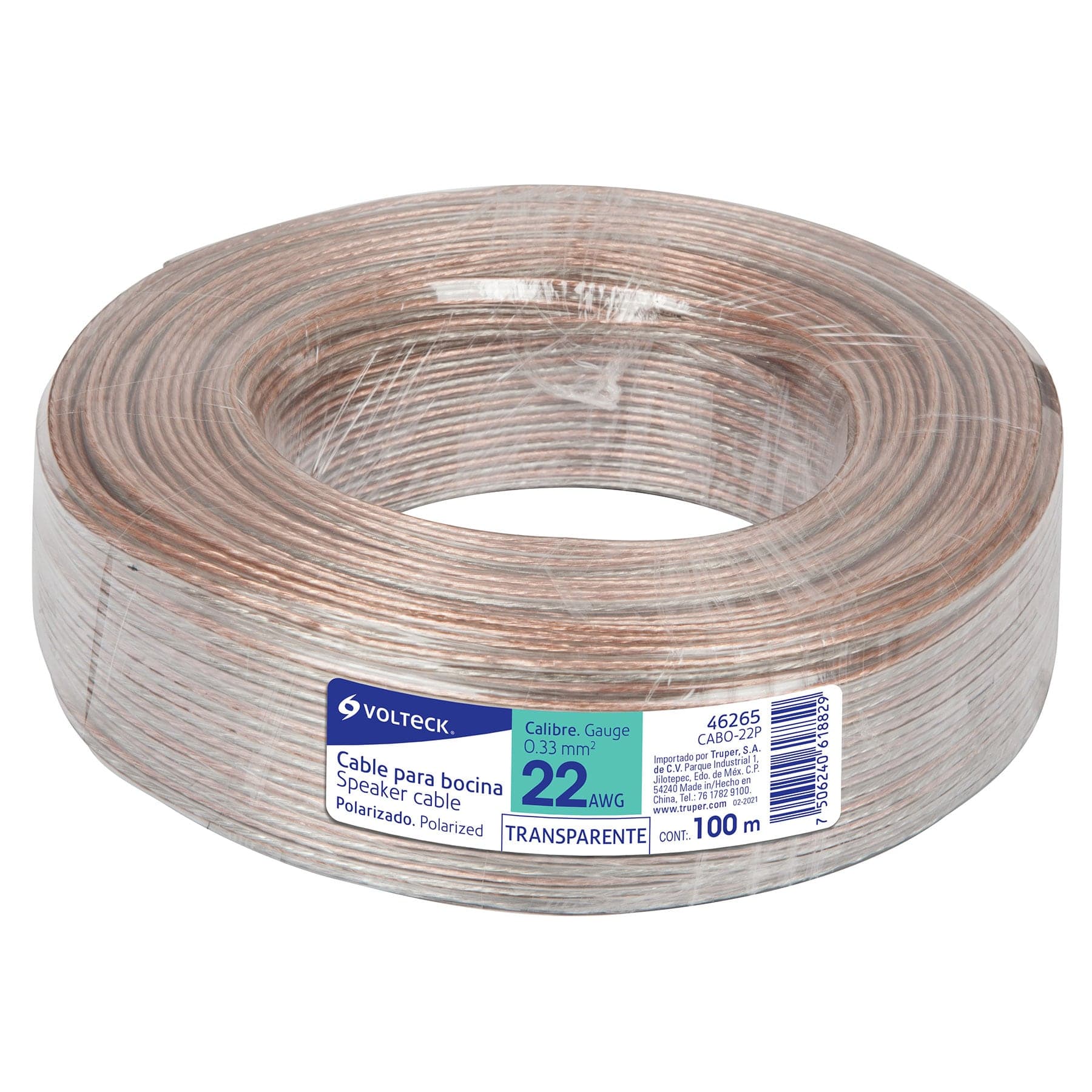 Rollo de 100 m cable polarizado transparente para bocina 22 AWG, Volteck, CABO-22P, 46265