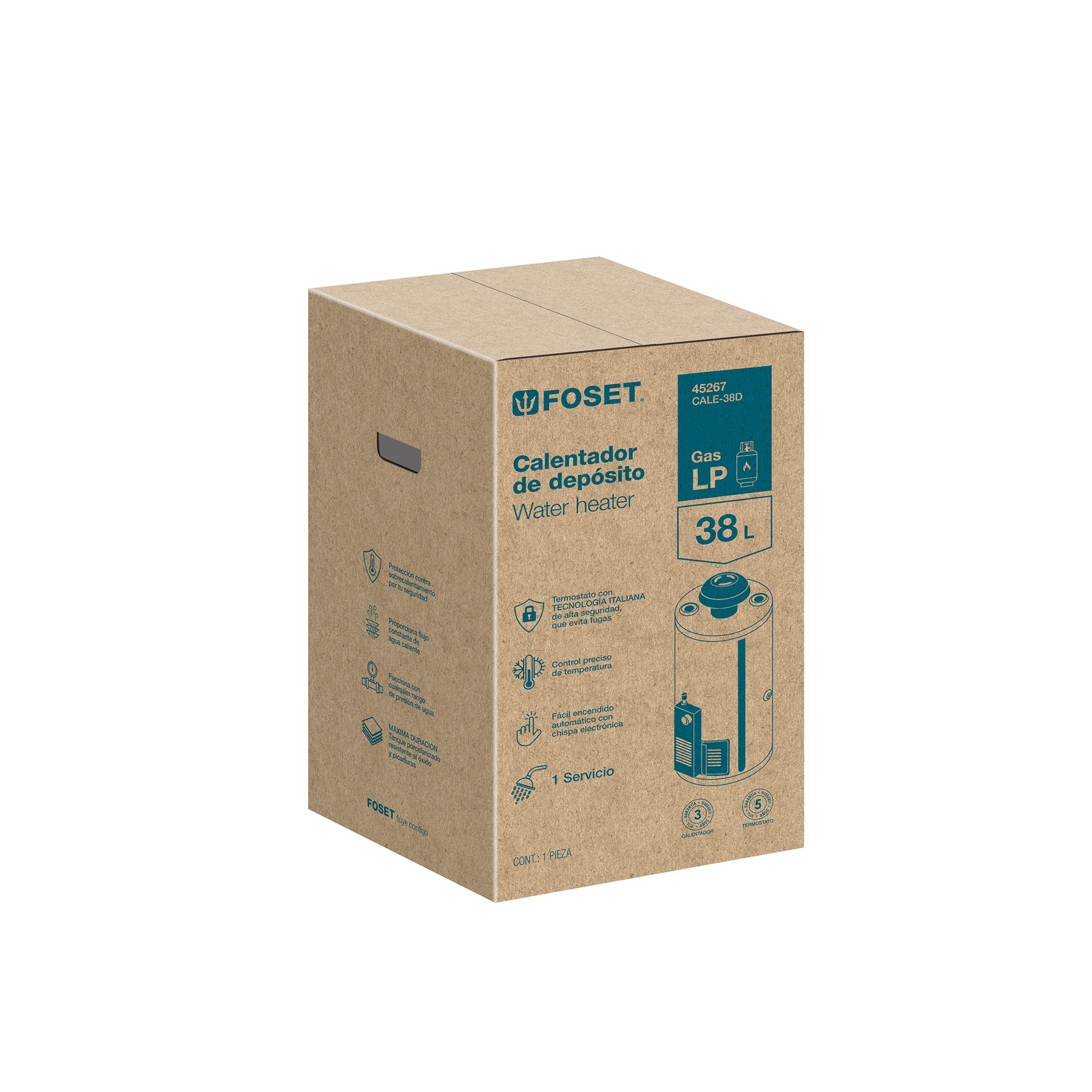 Calentador de depósito, 38L, 1 servicio, gas LP, Foset, CALE-38D, 45267