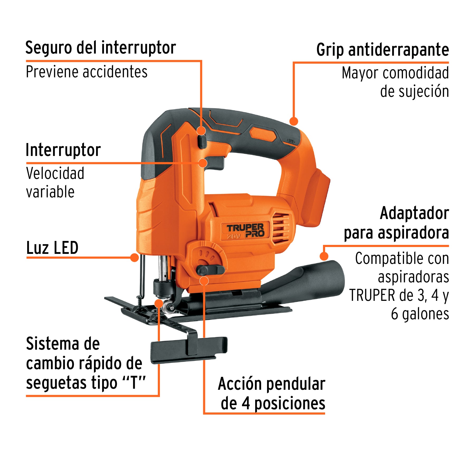 Sierra caladora inalámbrica 20V, sin accesorios, PRO