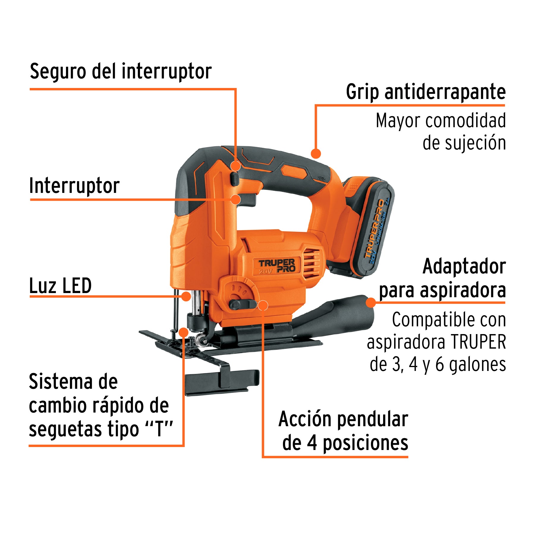 Sierra caladora inalámbrica 20V, 1 batería 2Ah, PRO