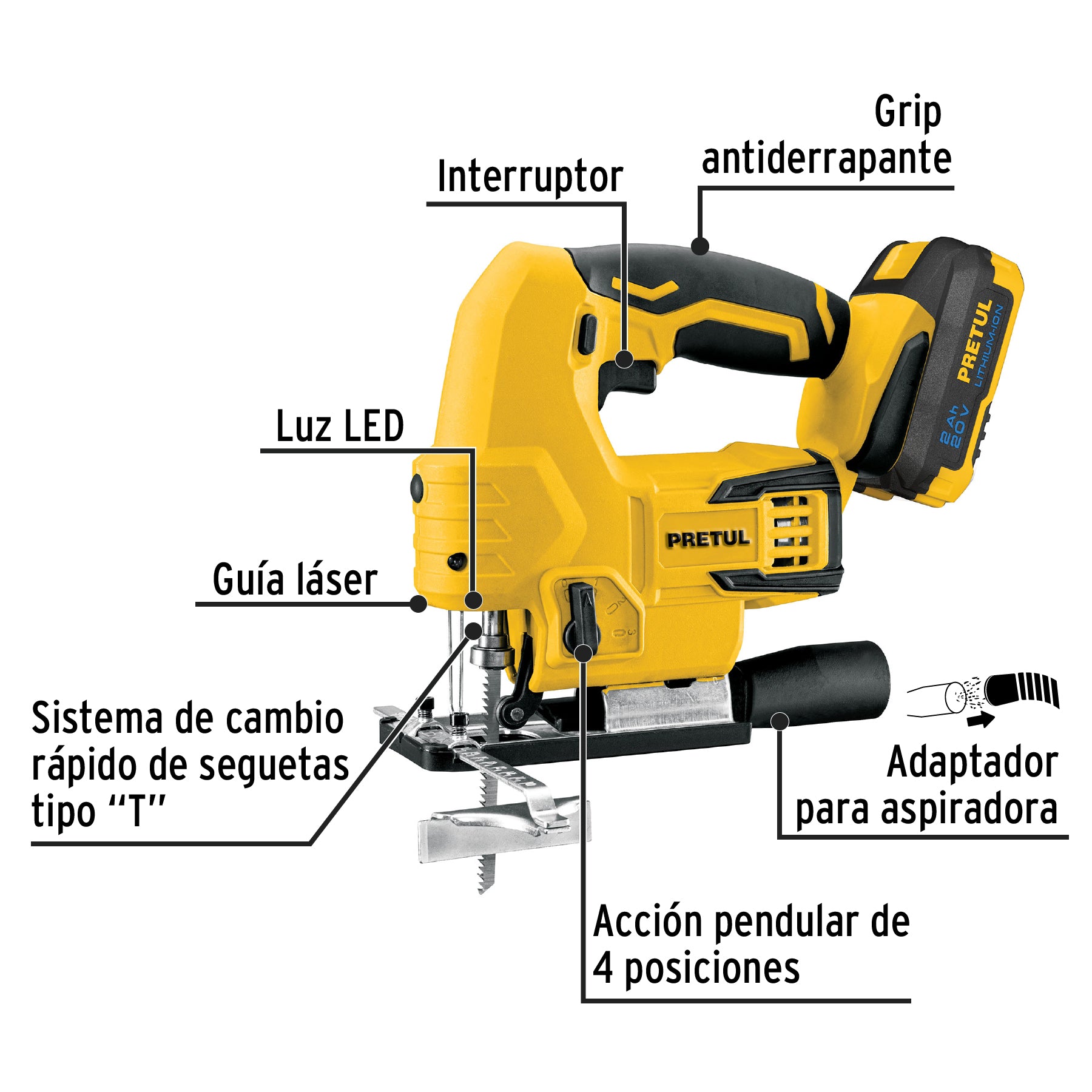 Sierra caladora inalámbrica 20V, 1 batería 2Ah, Pretul