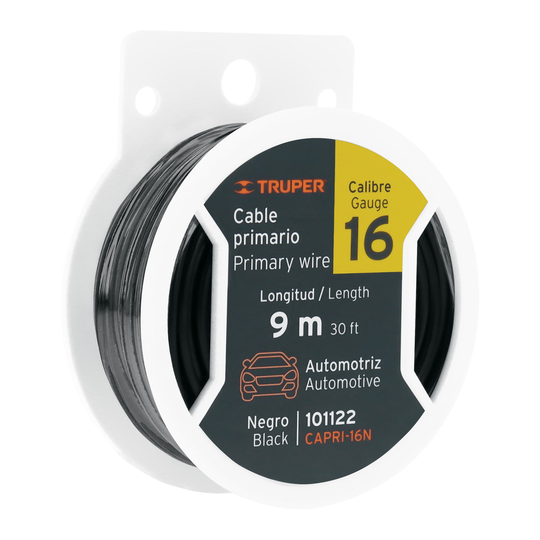 Carrete con 9 m de cable primario negro calibre 16, Truper