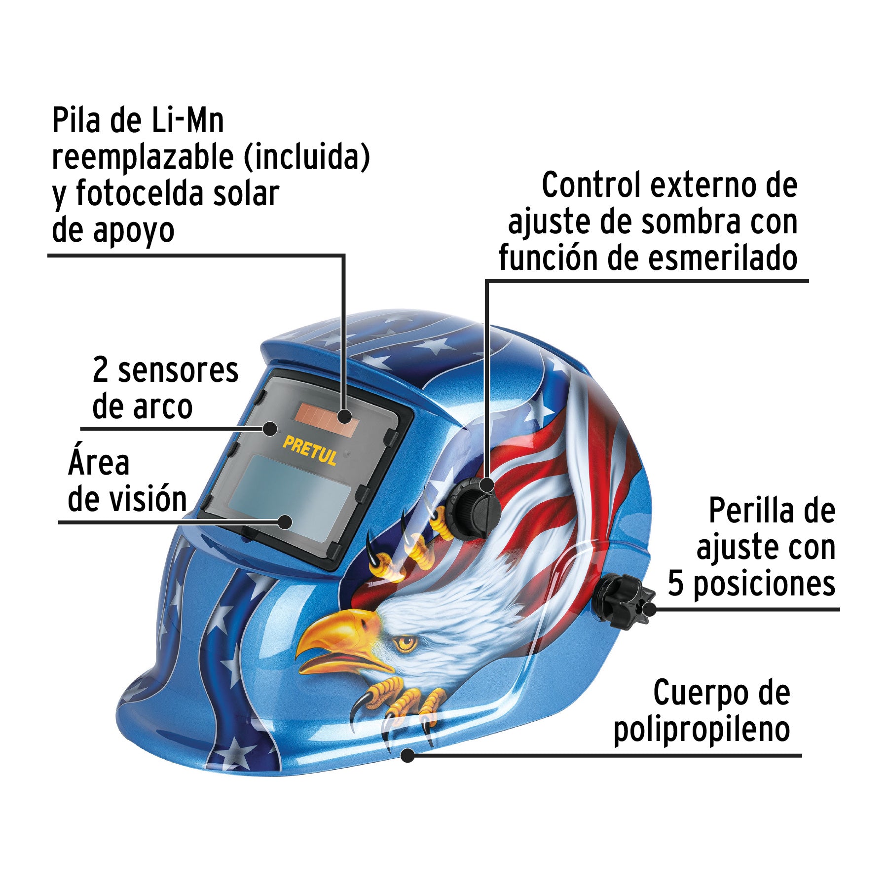 Careta electrónica para soldar, águila, sombra 9 a 13, Pretul