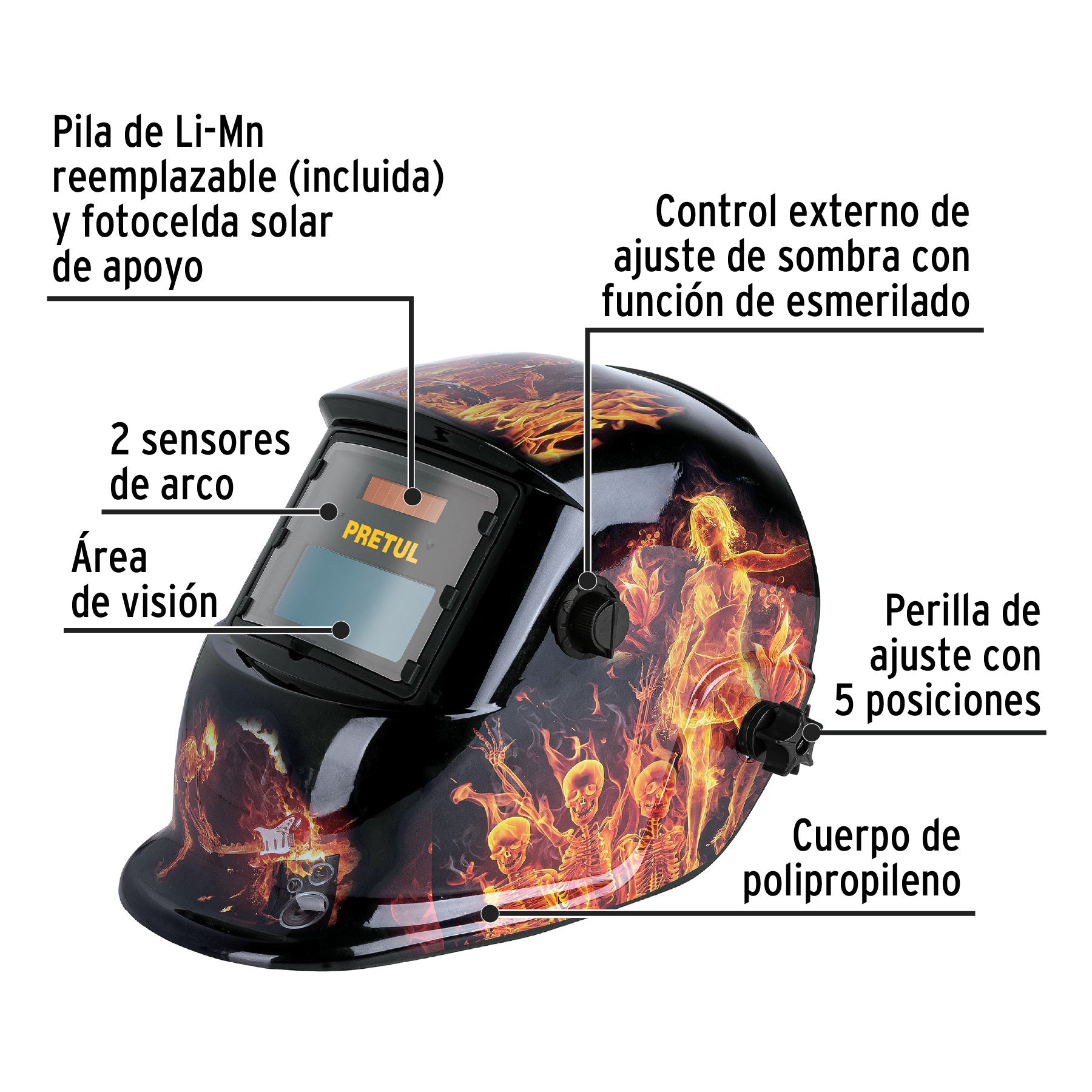 Careta electrónica para soldar, fuego, sombra 9 a 13, Pretul