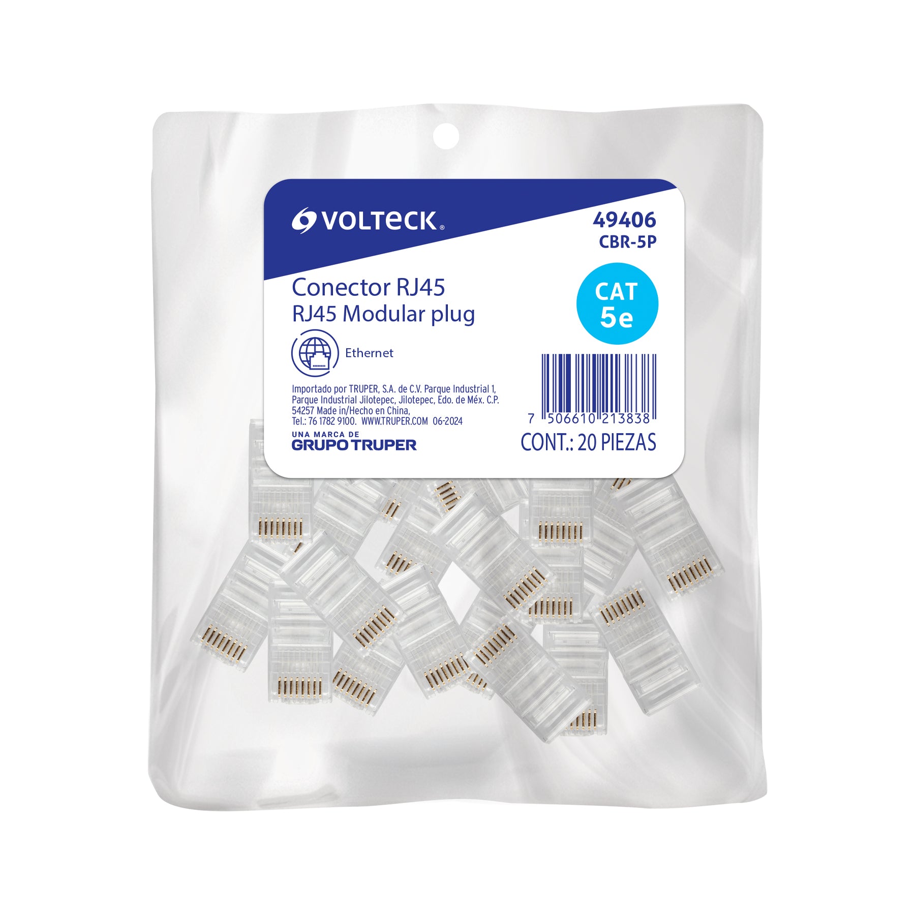 Plug RJ45 CAT5E, Bolsa con 20 piezas, Volteck, CBR-5P, 49406
