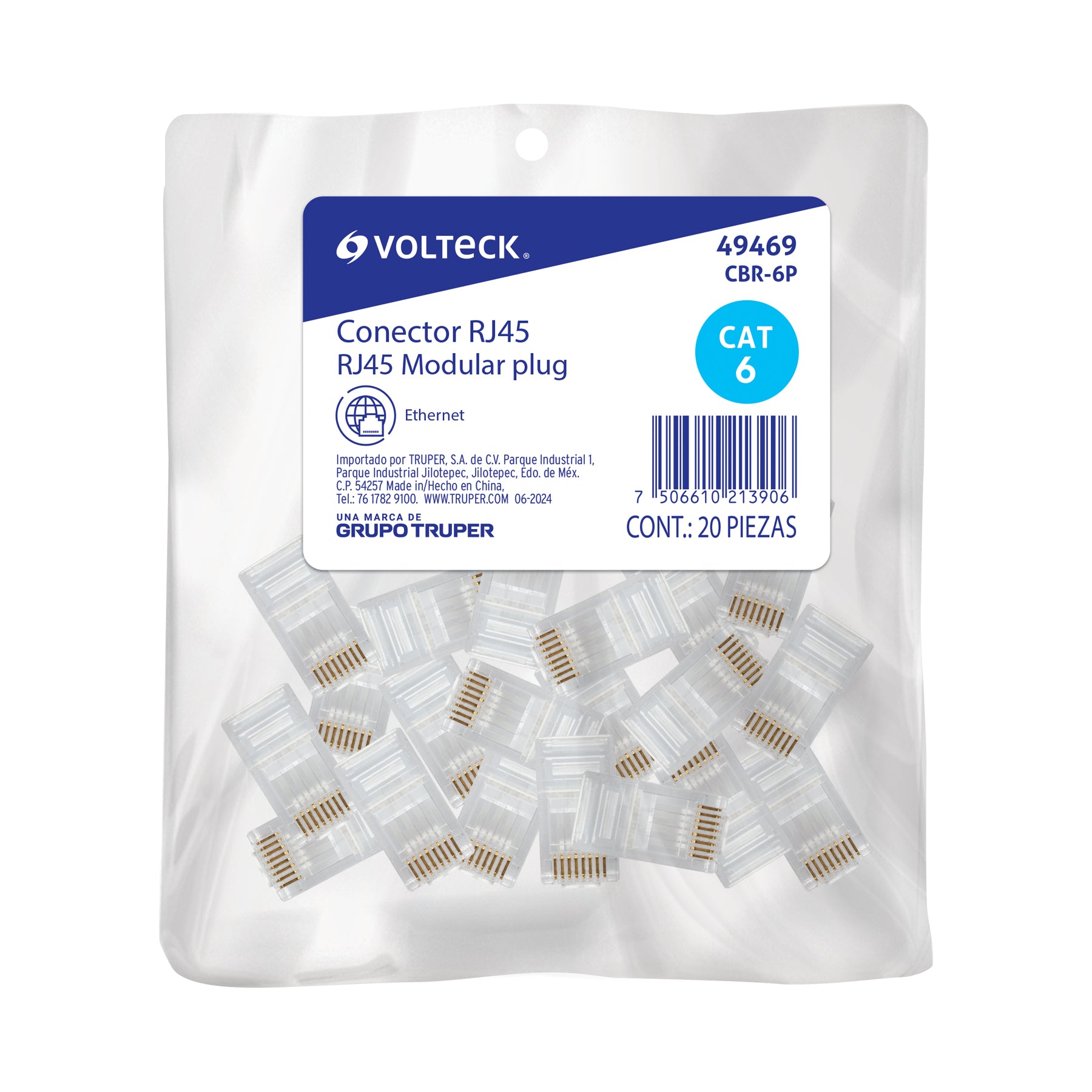 Plug RJ45 CAT6, Bolsa con 20 piezas, Volteck, CBR-6P, 49469