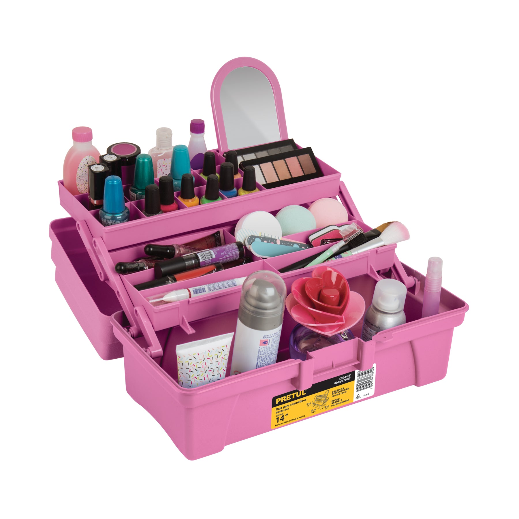 Caja cosmetiquera 14", doble bandeja, rosa, Pretul, CCO-14RP, 25052