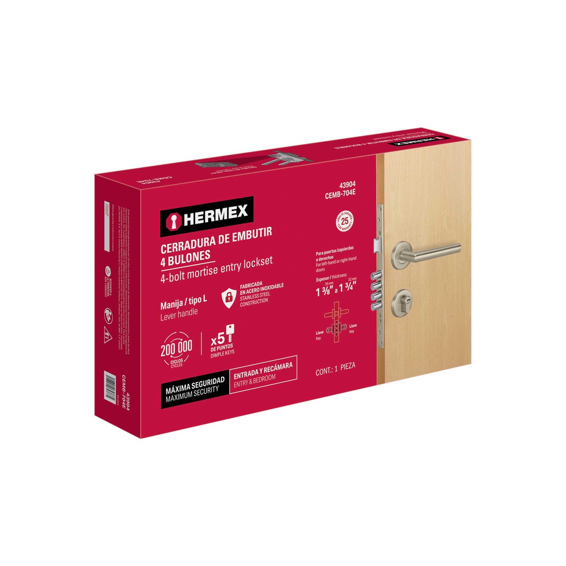 Cerradura de embutir 4 bulones, llave de puntos, Hermex, CEMB-704E, 43904