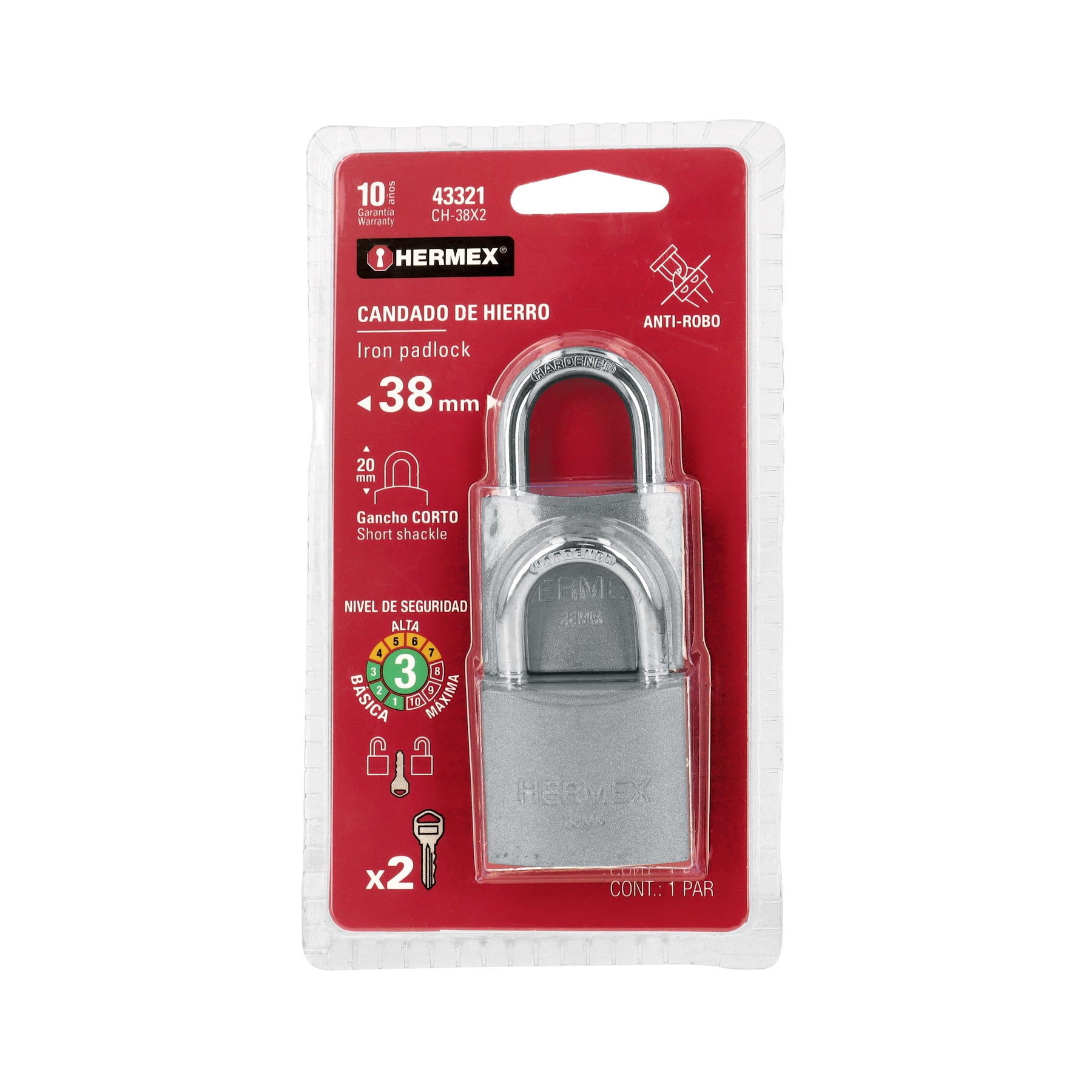 Blíster con 2 candados de hierro de 38mm con gancho corto