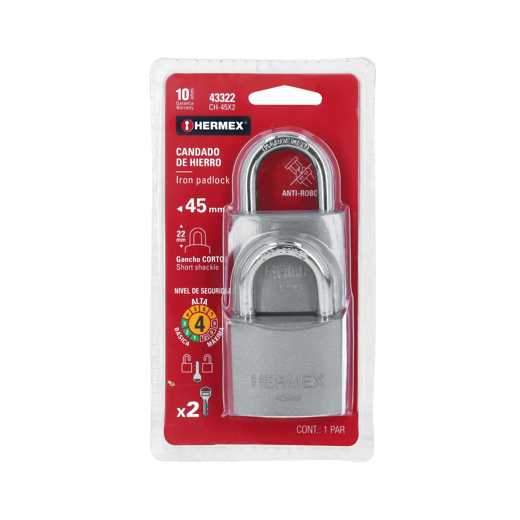 Blíster con 2 candados de hierro de 45mm con gancho corto