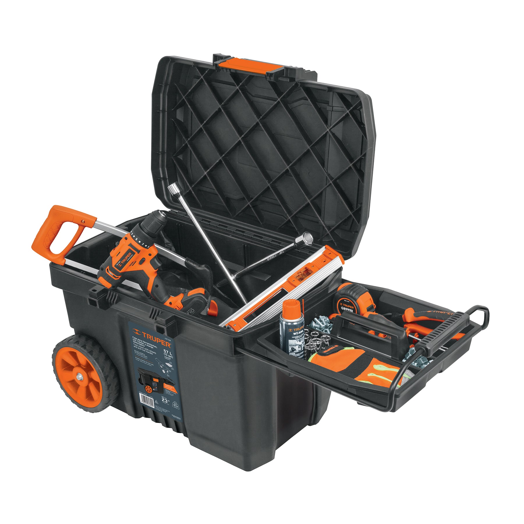 Caja para herramienta, 23"x17" con ruedas, mango telescópico