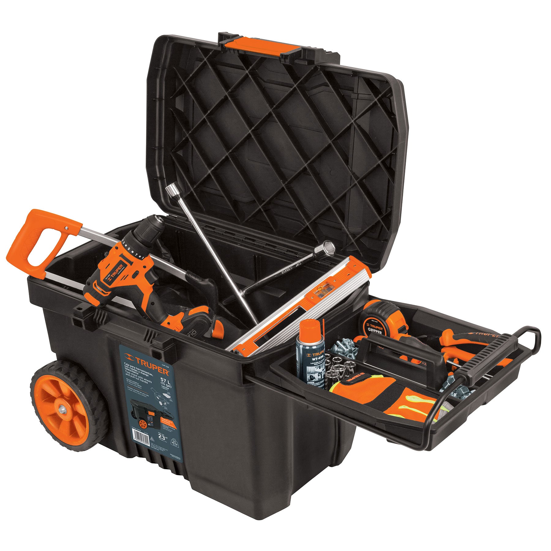 Caja para herramienta, 23"x17" con ruedas, mango telescópico