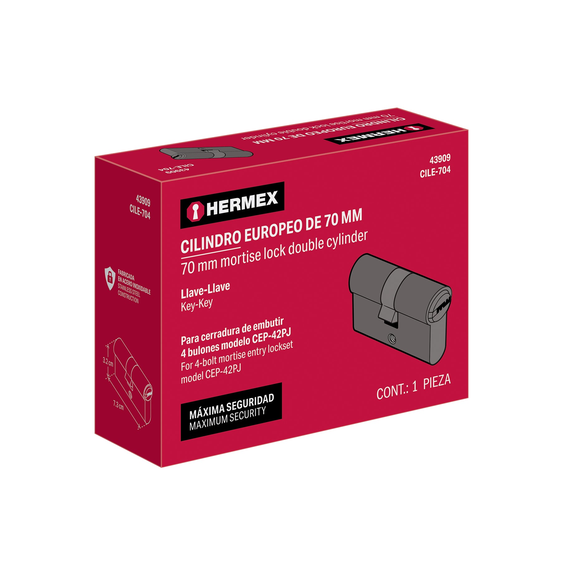 Cilindro Europeo de 70mm, llave-llave, Hermex, CILE-704, 43909