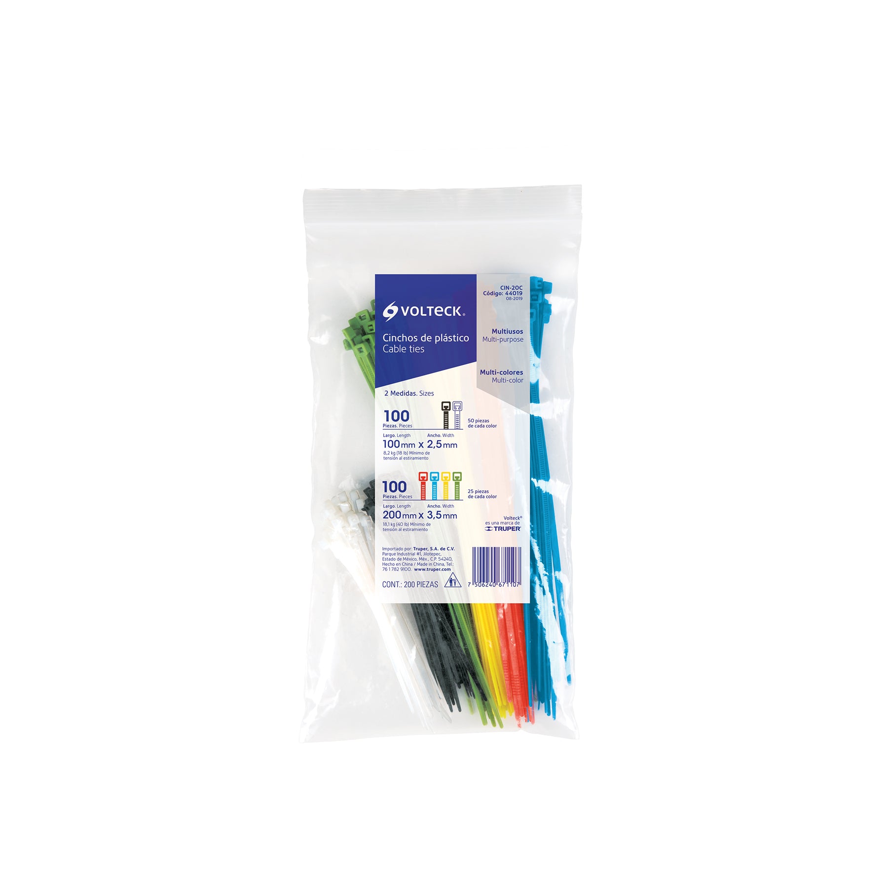Bolsa con 200 cinchos plásticos en colores surtidos, Volteck, CIN-20C, 44019