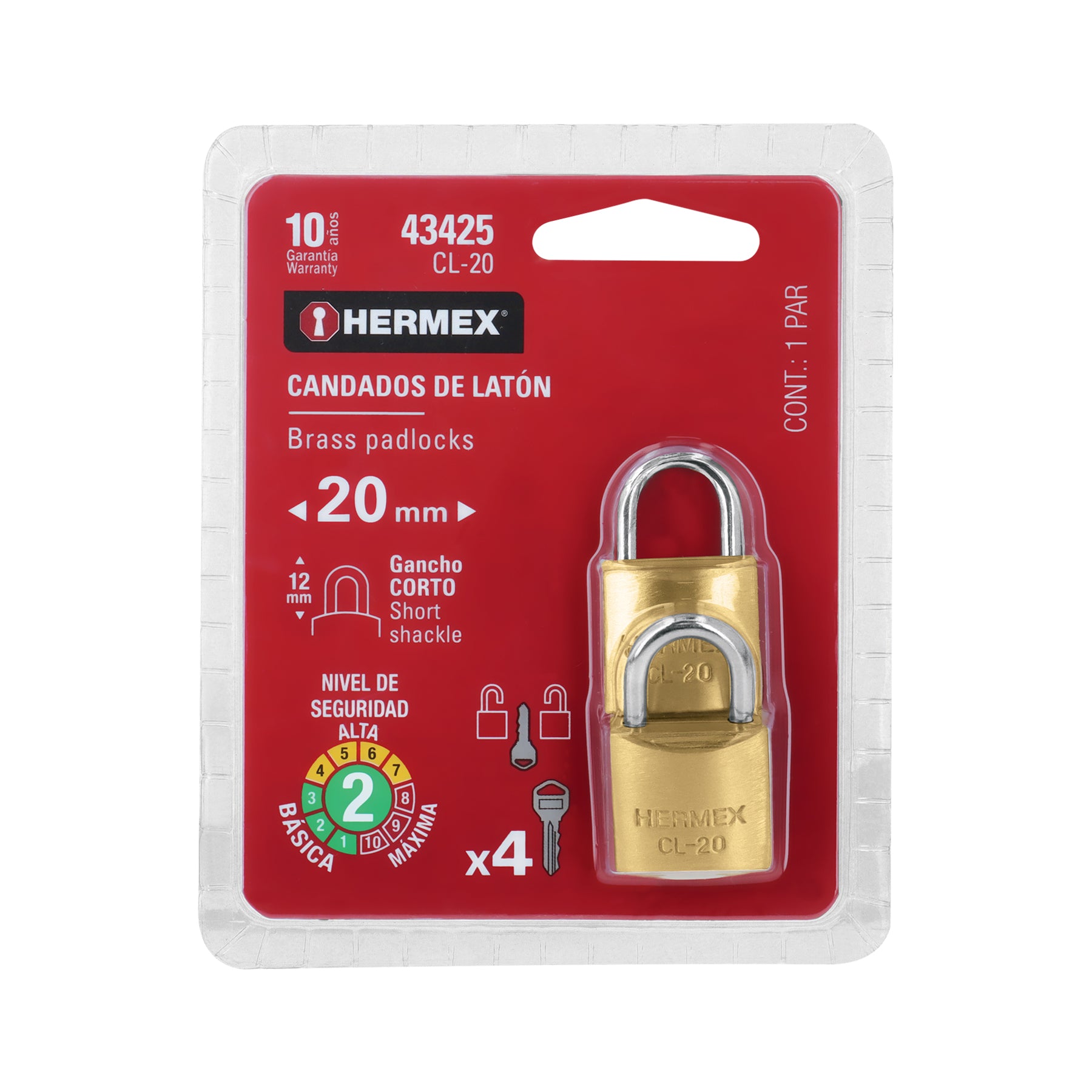 Blíster con 2 candados de latón de 20mm con gancho corto