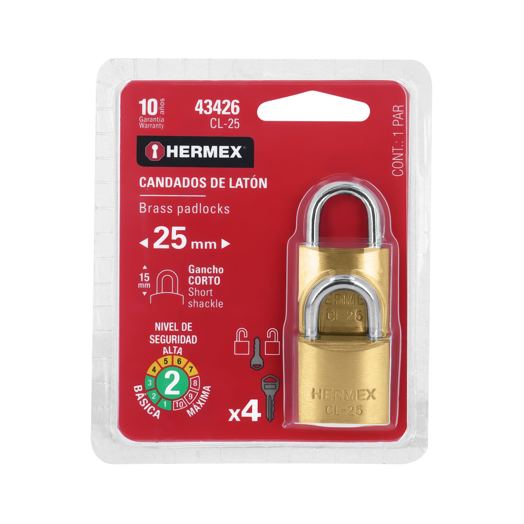 Blíster con 2 candados de latón de 25mm con gancho corto