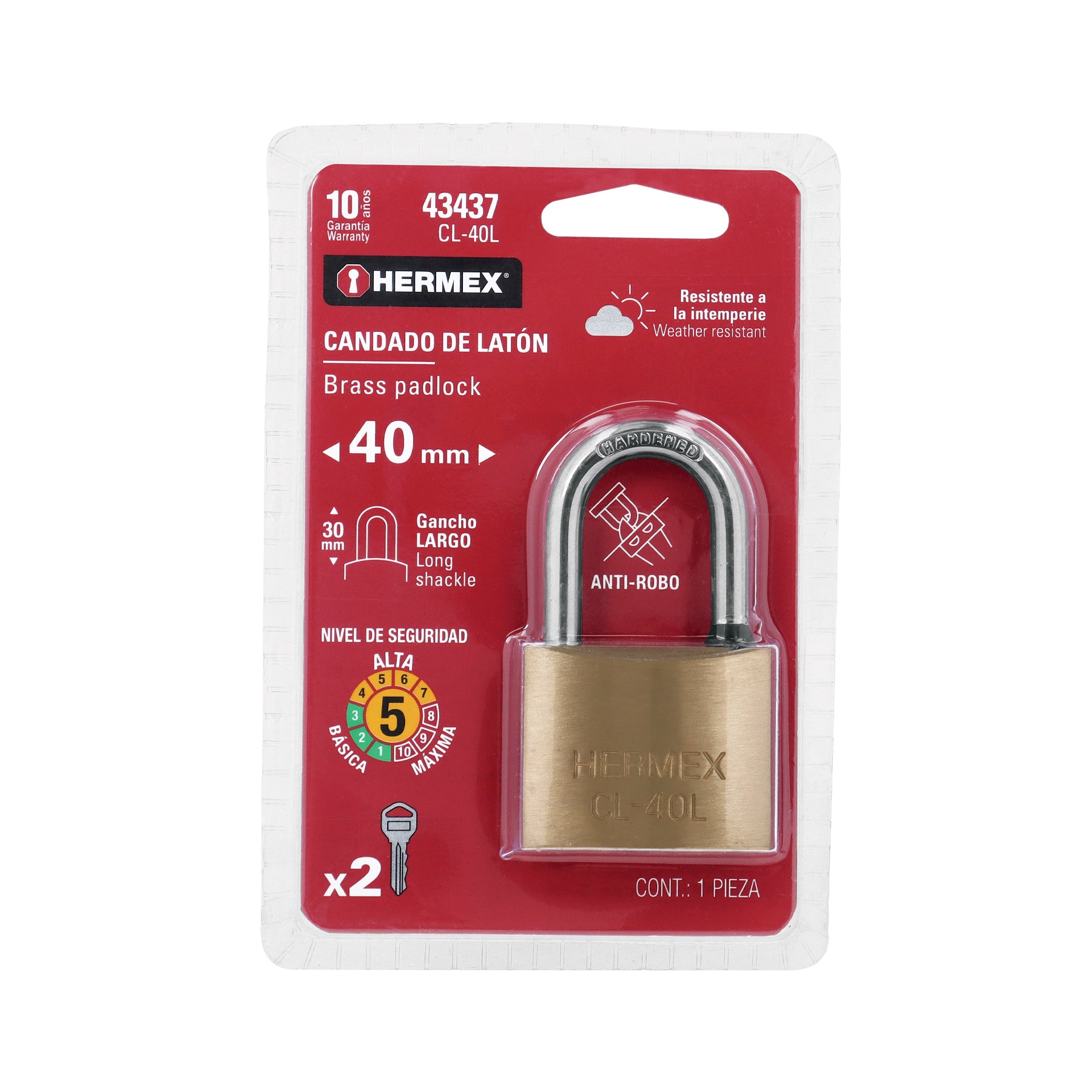 Candado de latón 40 mm gancho largo en blíster, Hermex